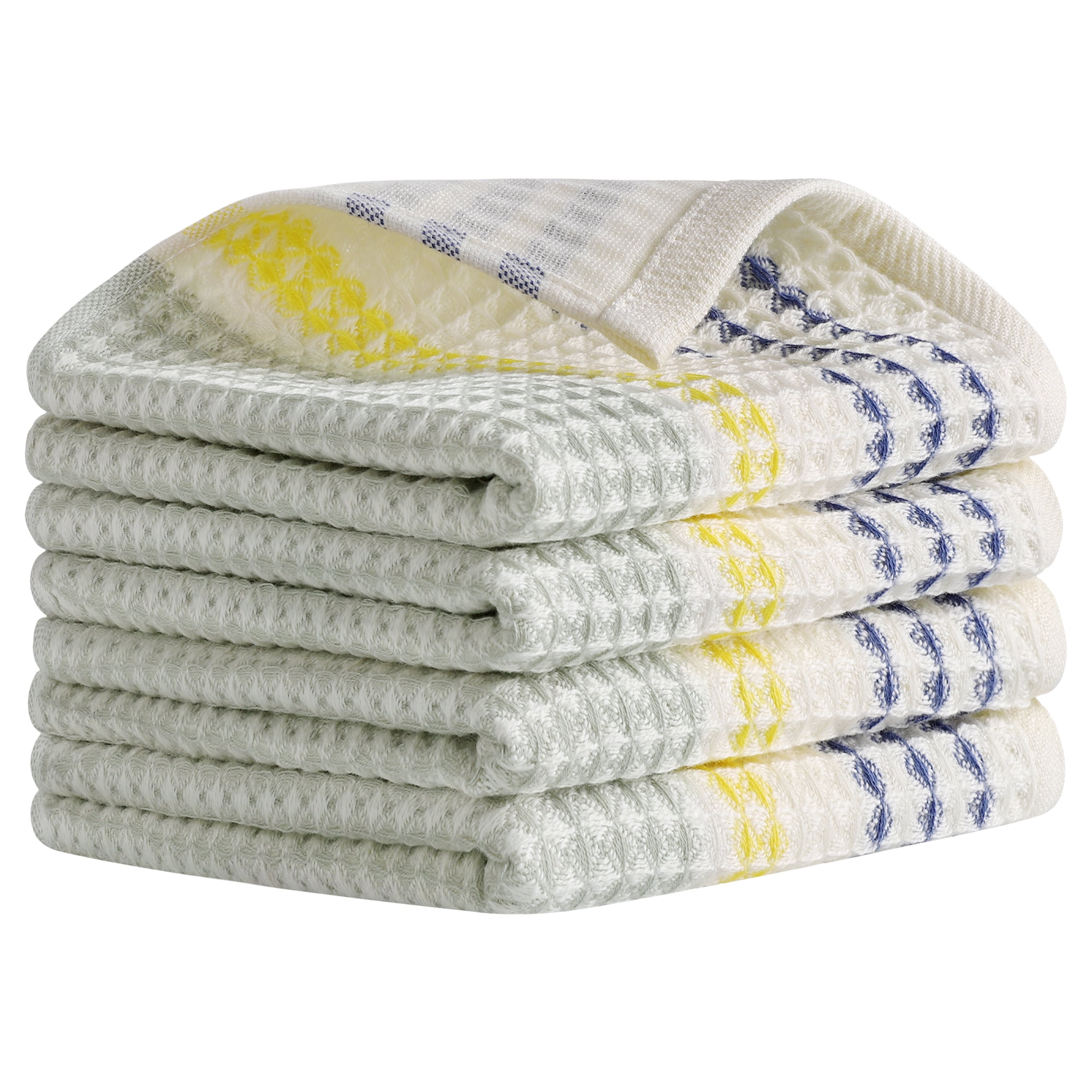 Unique Bargains Waffle Striped Cotton Hand Towels Set for Bathroom Blue Yellow 4-Piece