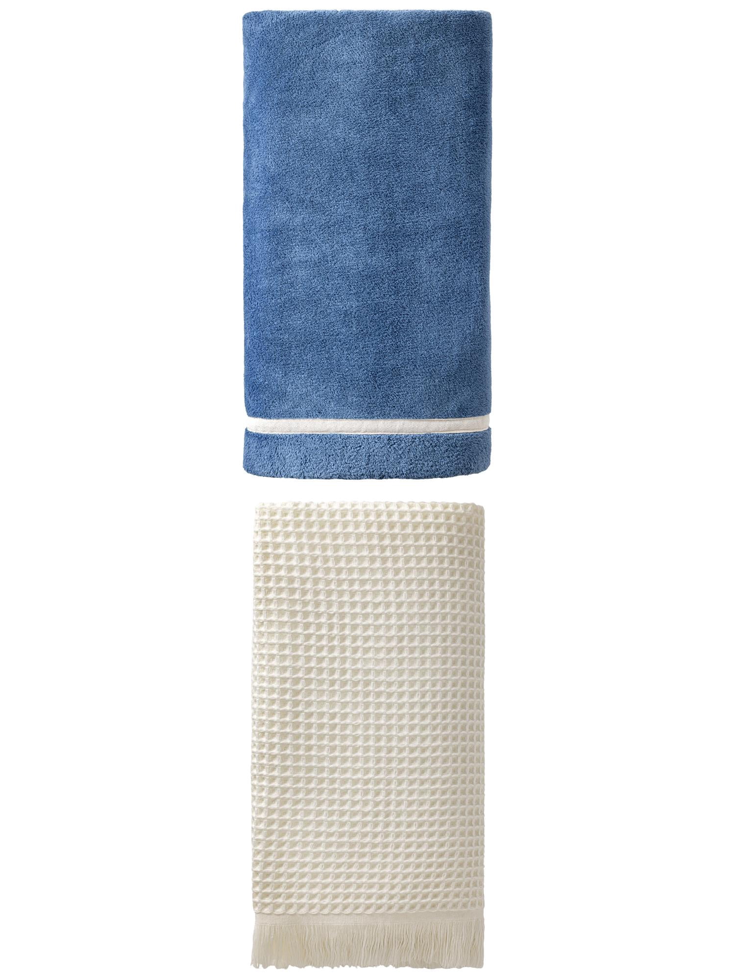 Unique Bargains Waffle Tassels Bath Towel 2 Pack Beige/Dark Blue 71" x 35"/63" x 31"