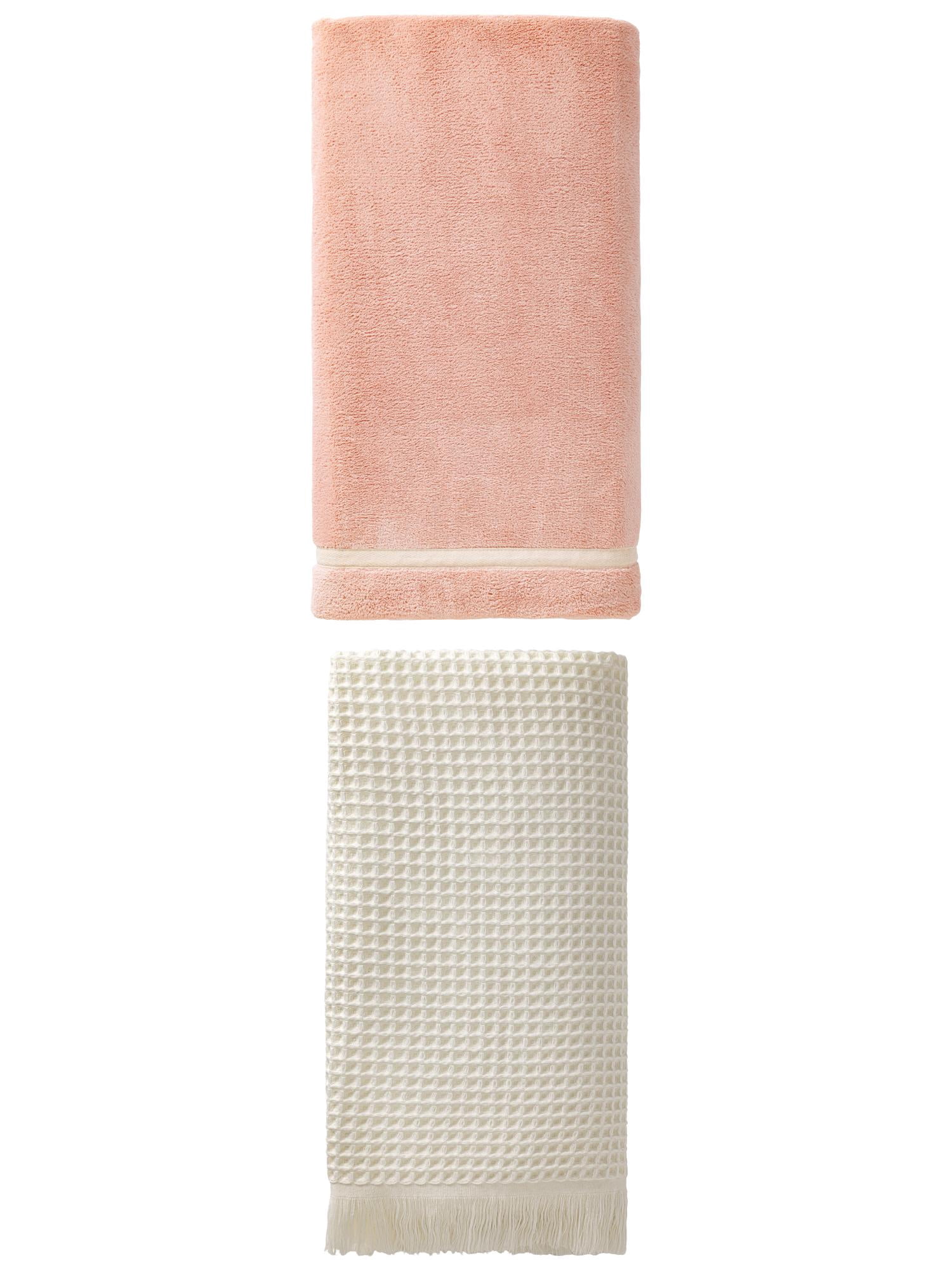 Unique Bargains Waffle Tassels Bath Towel 2 Pack Beige/Pink 71" x 35"/63" x 31"