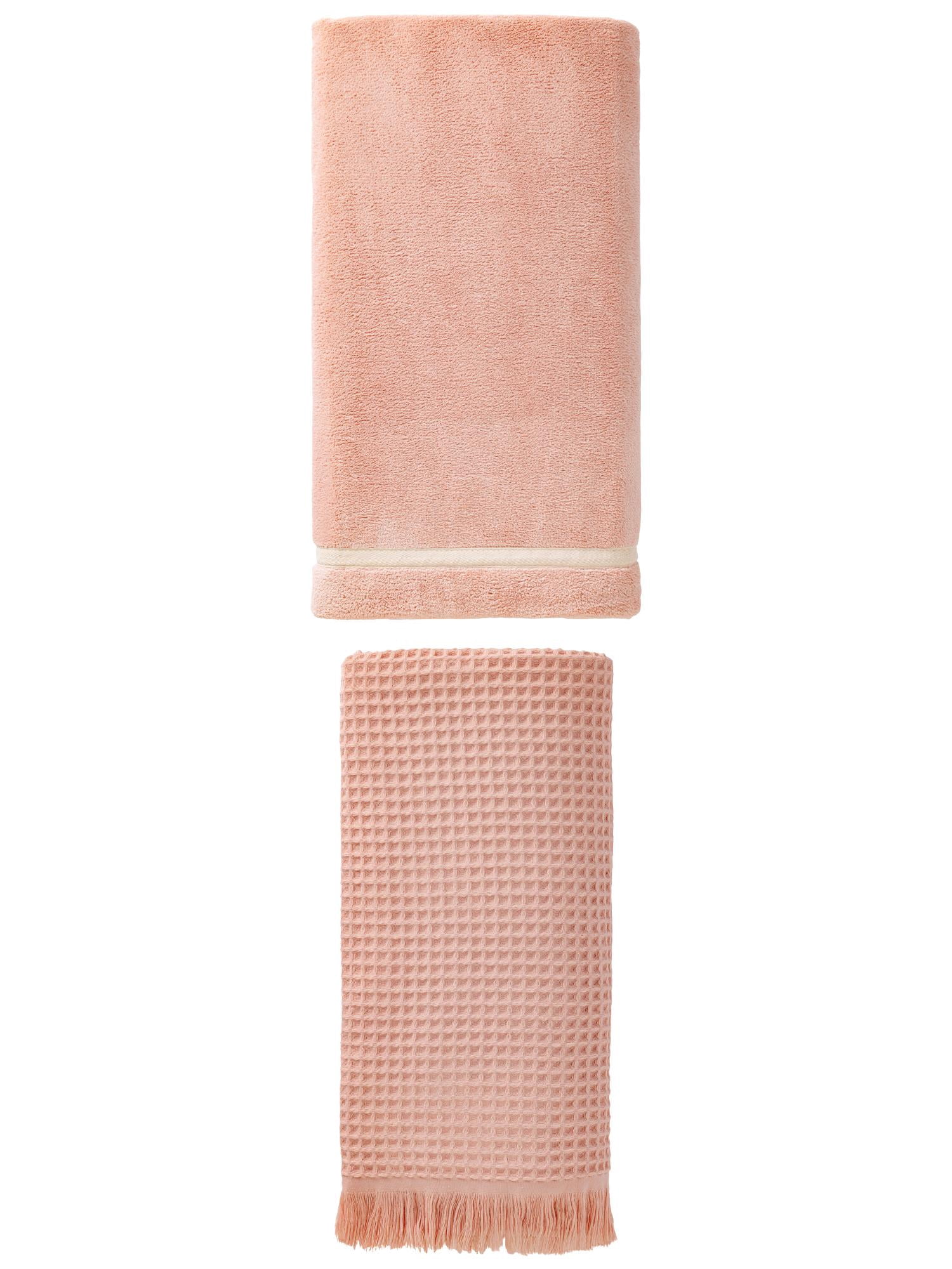 Unique Bargains Waffle Tassels Bath Towel 2 Pack Pink 71" x 35"/63" x 31"