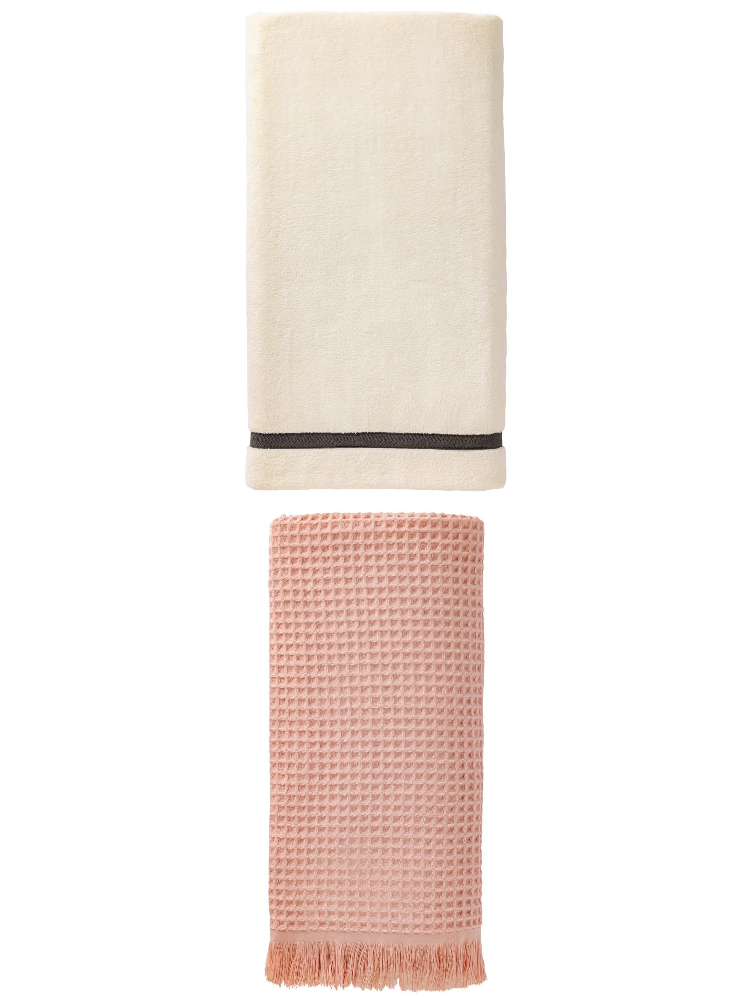 Unique Bargains Waffle Tassels Bath Towel 2 Pack Pink/Beige 71" x 35"/63" x 31"