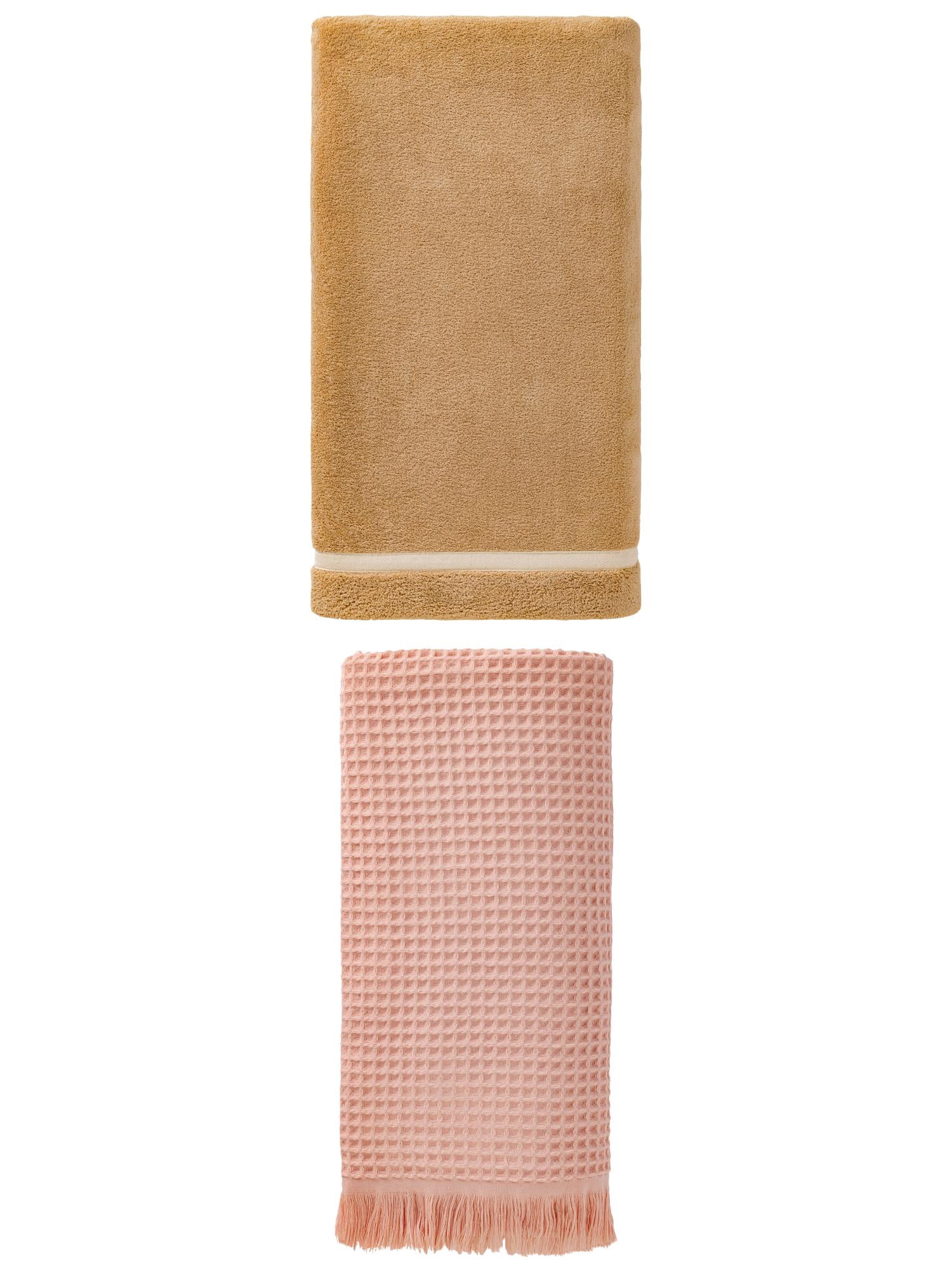 Unique Bargains Waffle Tassels Bath Towel 2 Pack Pink/Brown 71" x 35"/63" x 31"
