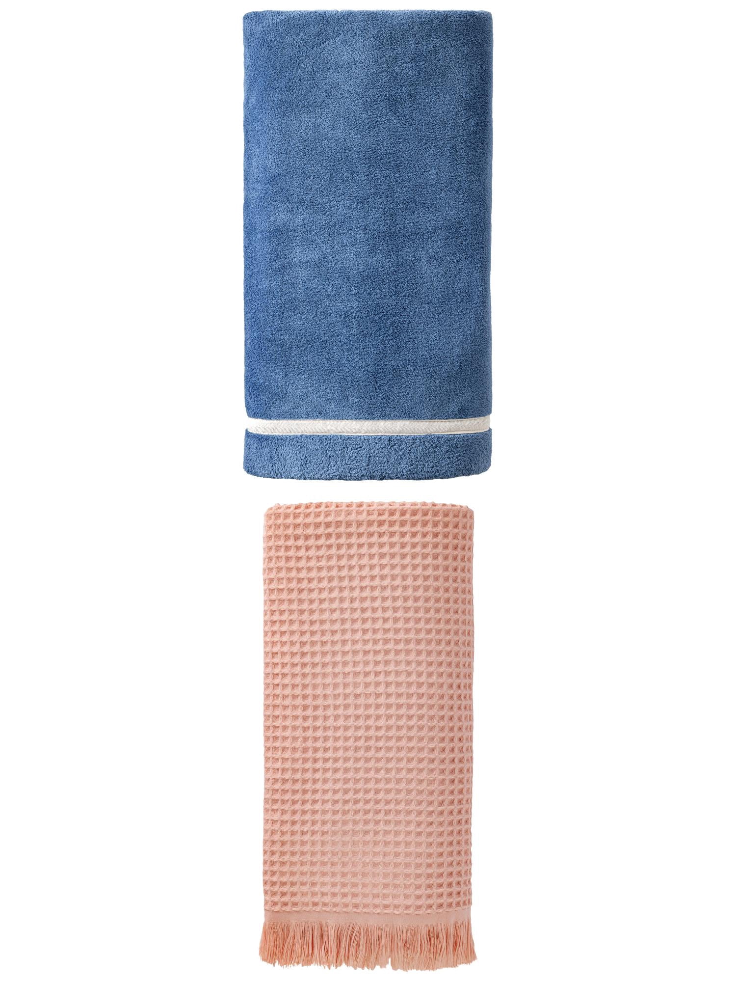 Unique Bargains Waffle Tassels Bath Towel 2 Pack Pink/Dark Blue 71" x 35"/63" x 31"