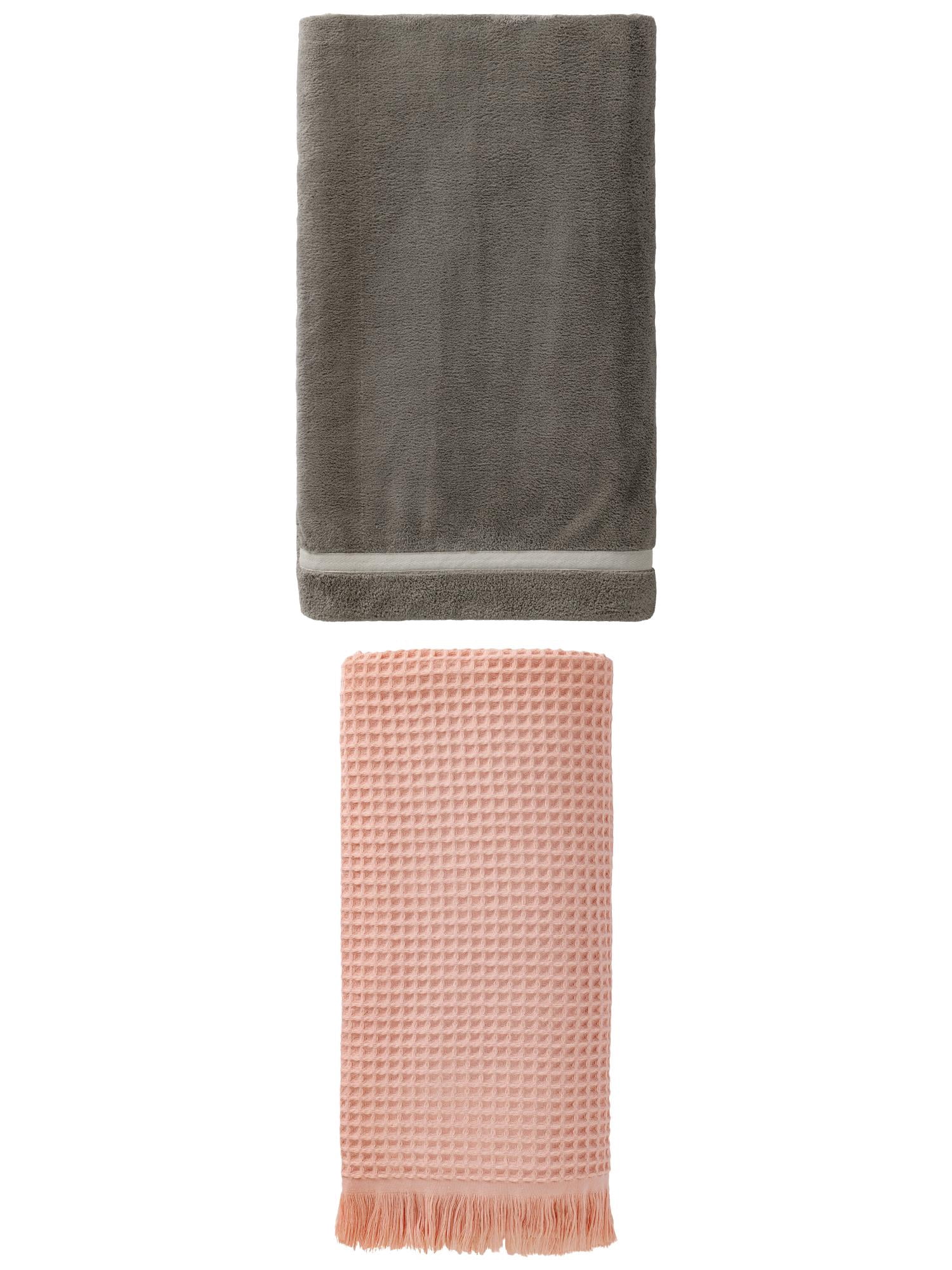 Unique Bargains Waffle Tassels Bath Towel 2 Pack Pink/Dark Grey 71" x 35"/63" x 31"