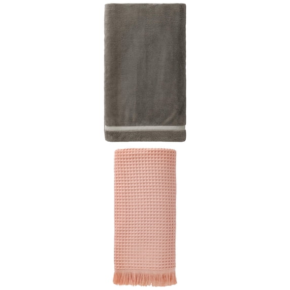 Unique Bargains Waffle Tassels Bath Towel 2 Pack Pink/Dark Grey 71" x 35"/63" x 31"