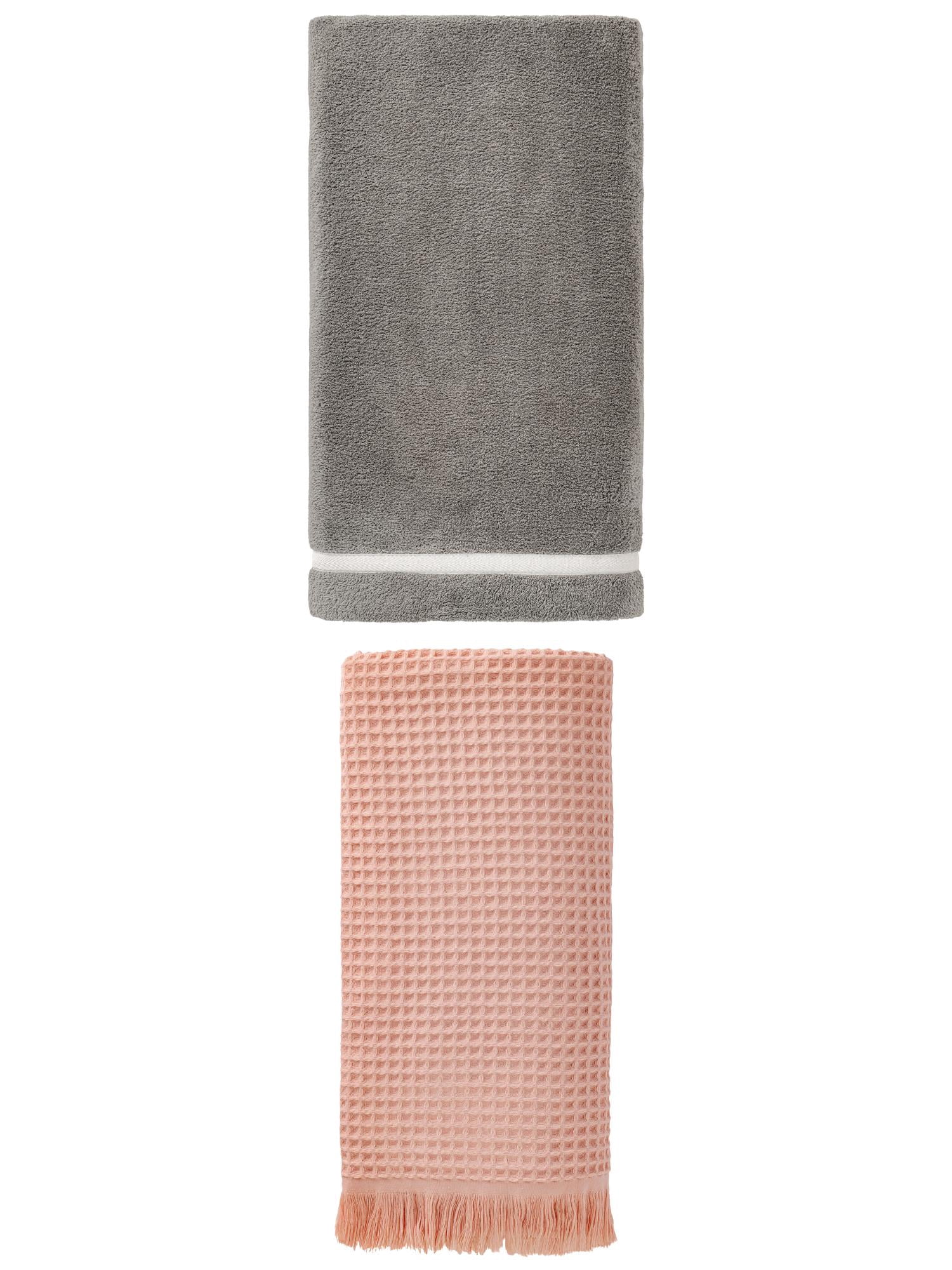 Unique Bargains Waffle Tassels Bath Towel 2 Pack Pink/Grey 71" x 35"/63" x 31"