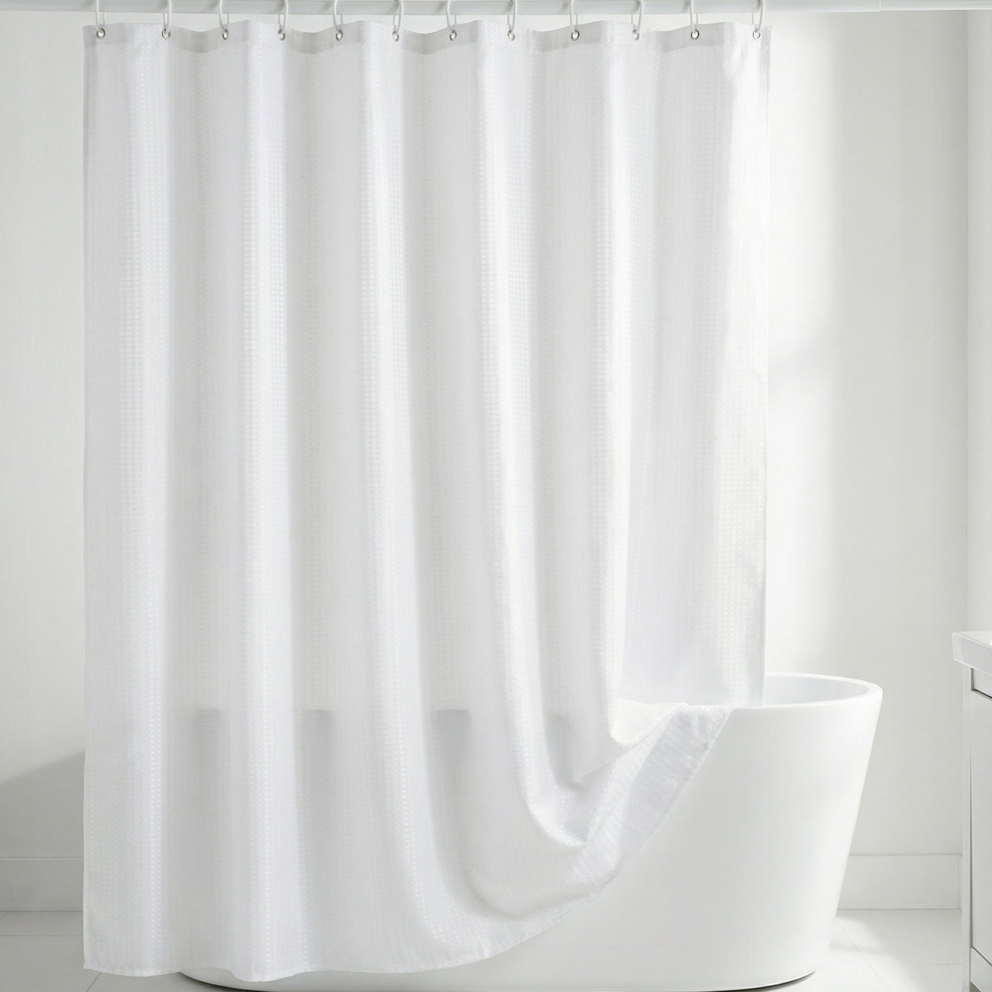 Unique Bargains Waffle Weave Shower Curtain Sets with 12 Hooks White 71"W x 71"L