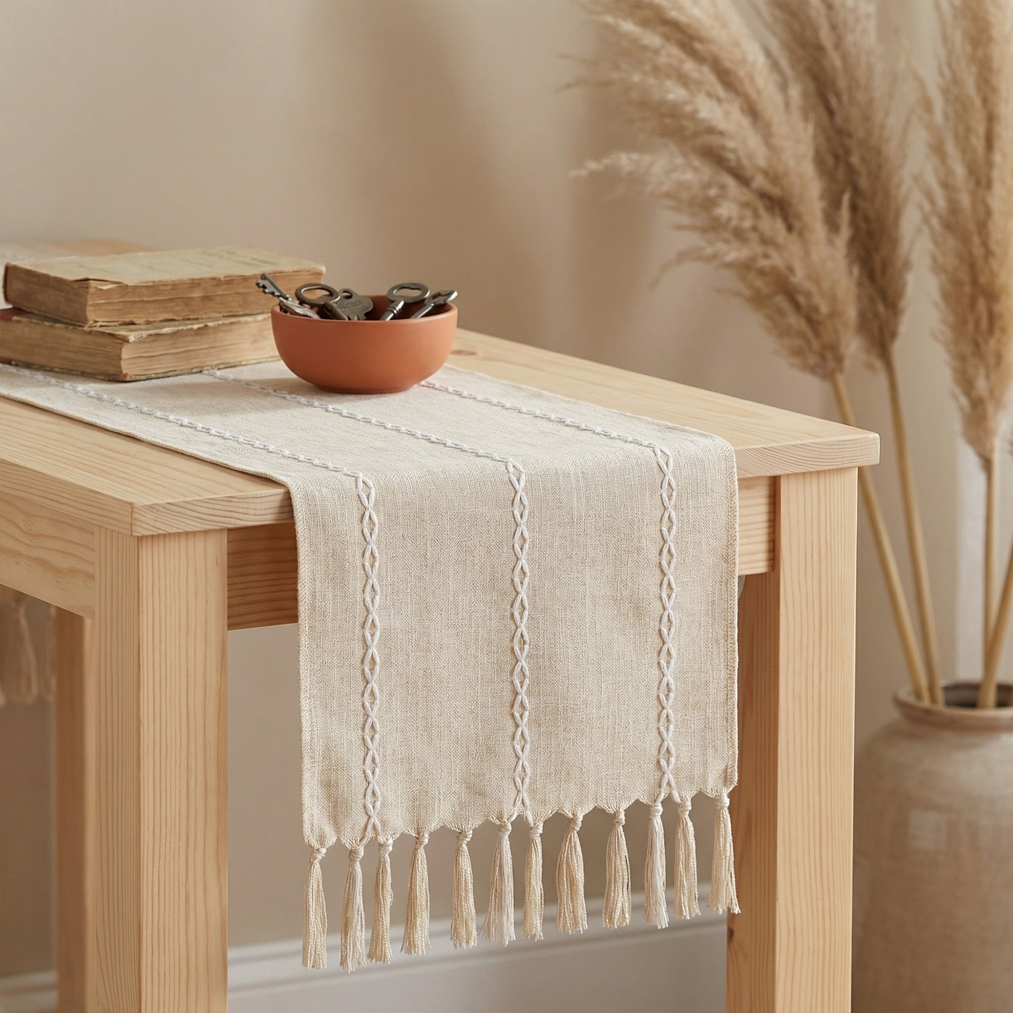 Unique Bargains Washable Polyester Kitchen Runner with Tassel for Dining Beige 13"x72"