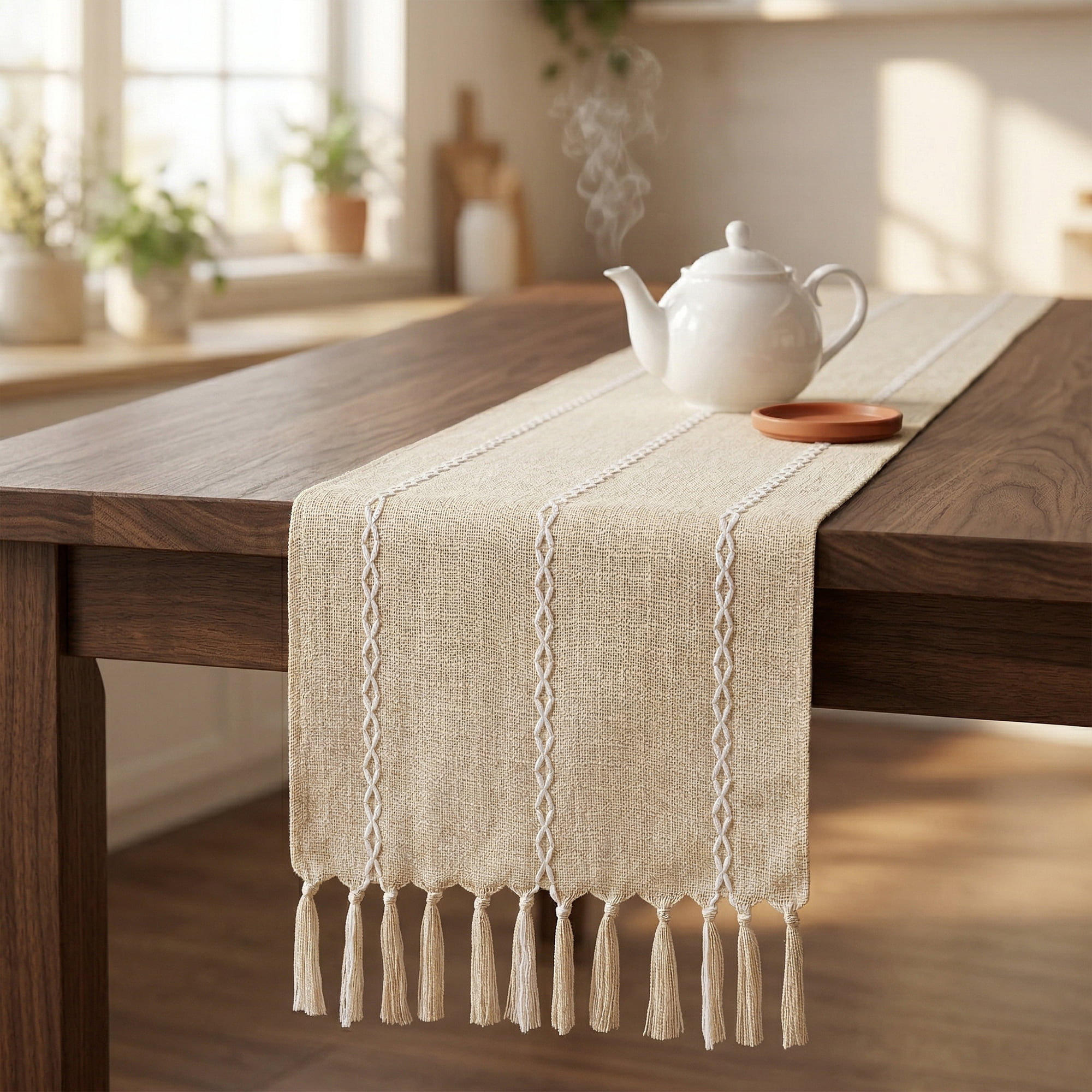 Unique Bargains Washable Polyester Kitchen Runner with Tassel for Dining Beige 13"x89.8"