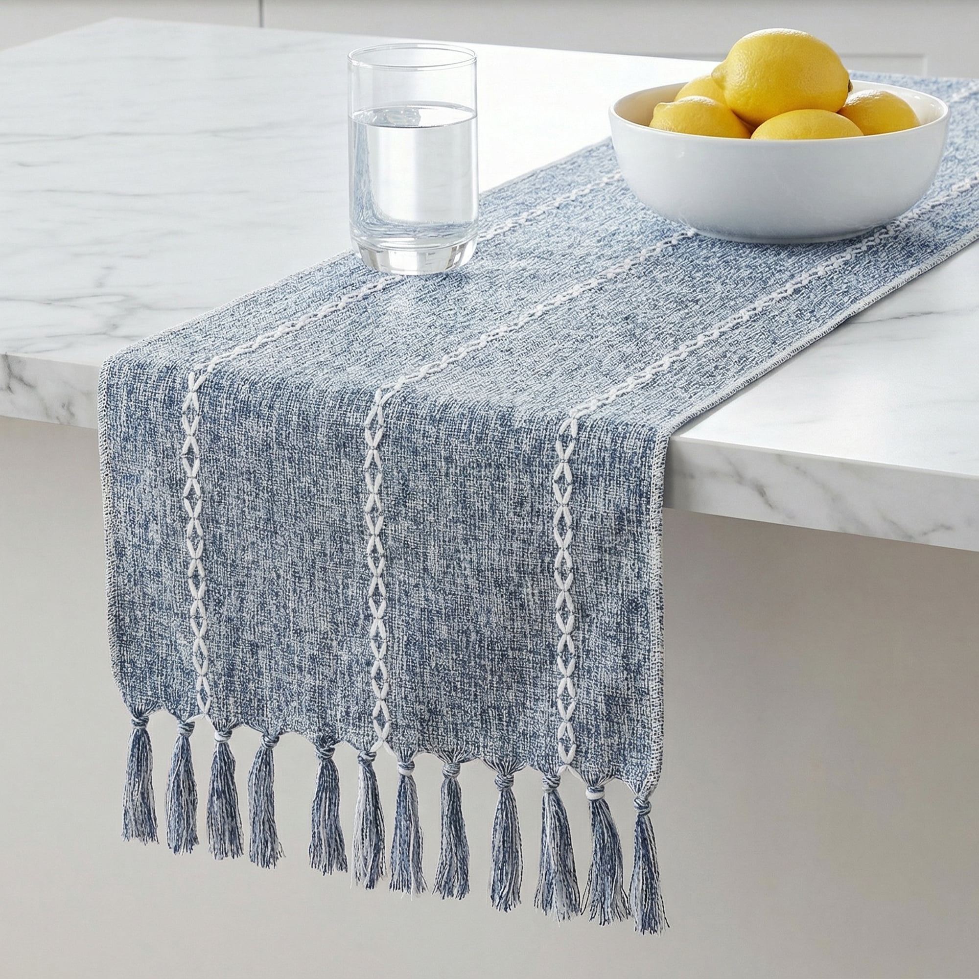 Unique Bargains Washable Polyester Kitchen Runner with Tassel for Dining Blue 13"x72"
