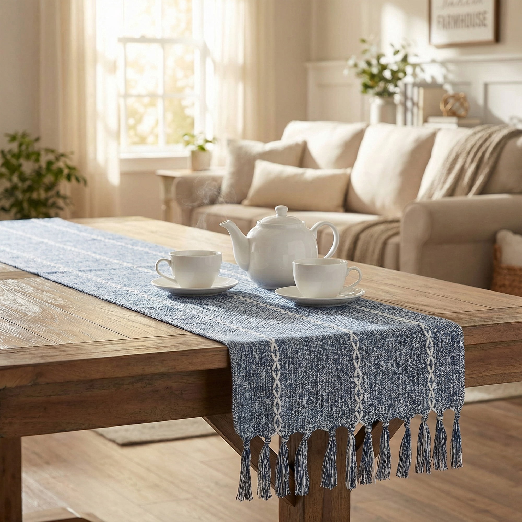 Unique Bargains Washable Polyester Kitchen Runner with Tassel for Dining Blue 13"x89.8"