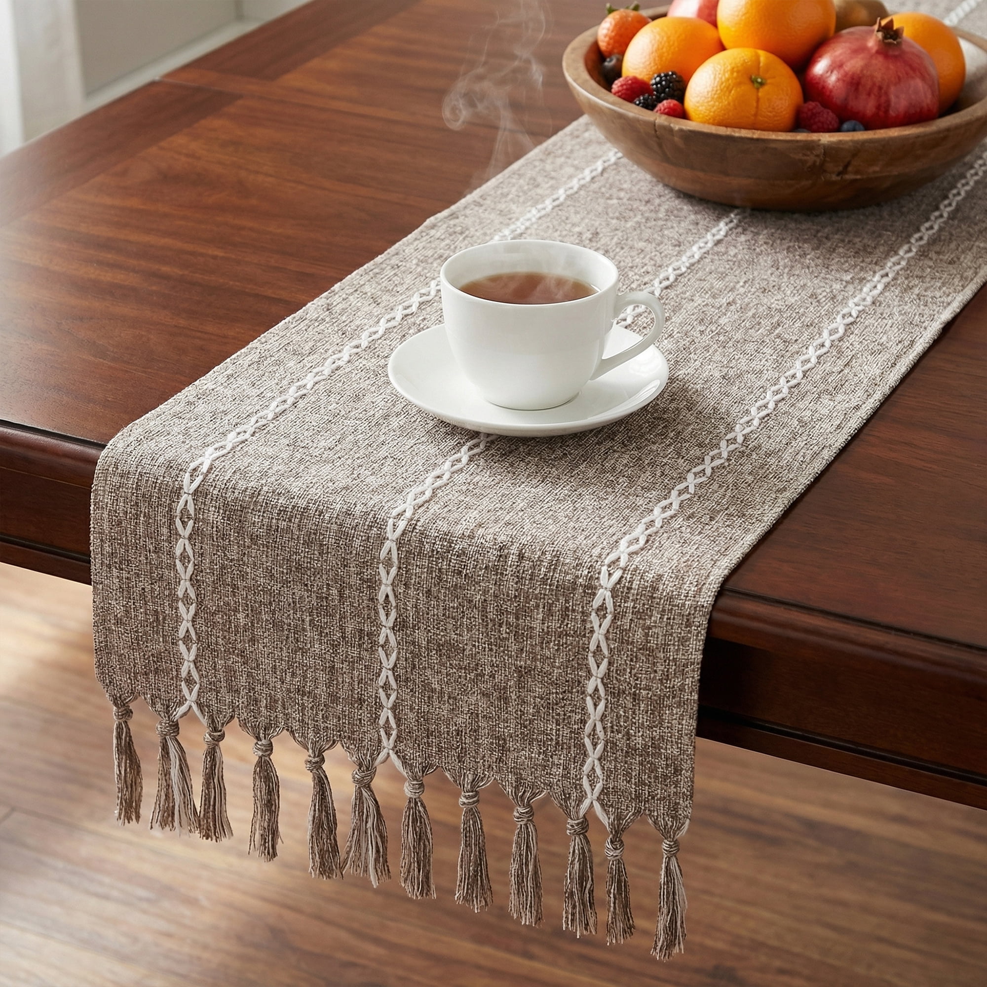 Unique Bargains Washable Polyester Kitchen Runner with Tassel for Dining Brown 13"x72"