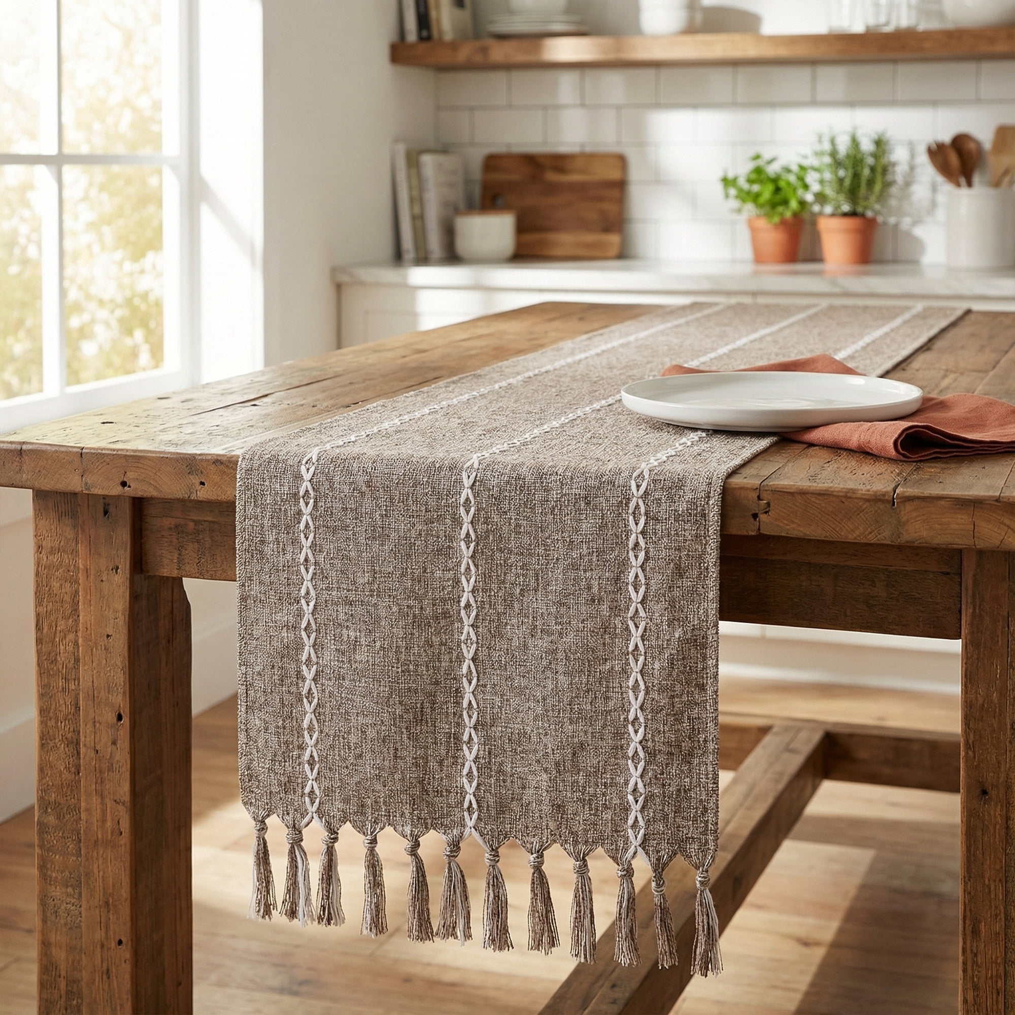 Unique Bargains Washable Polyester Kitchen Runner with Tassel for Dining Brown 13"x89.8"