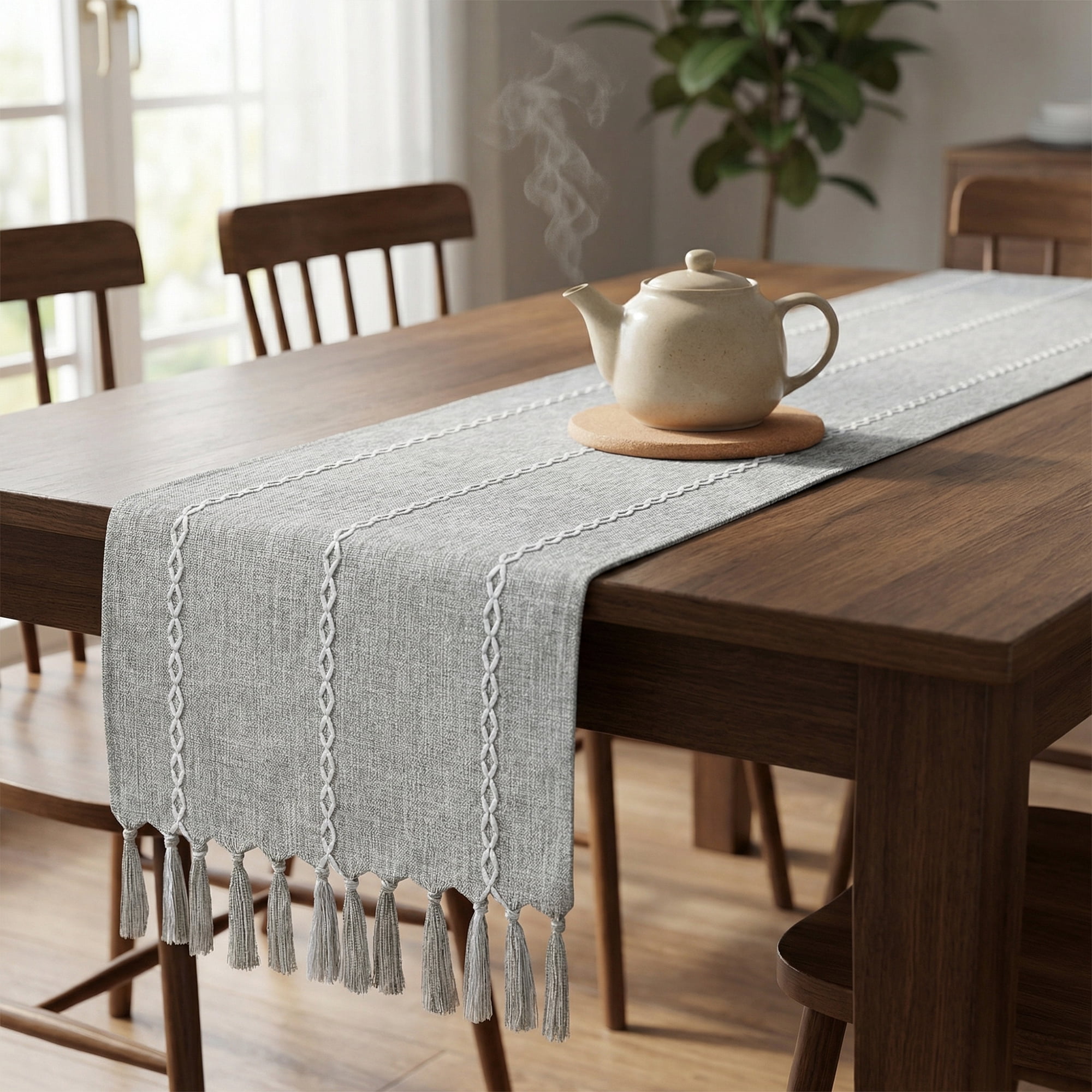 Unique Bargains Washable Polyester Kitchen Runner with Tassel for Dining Gray 13"x72"