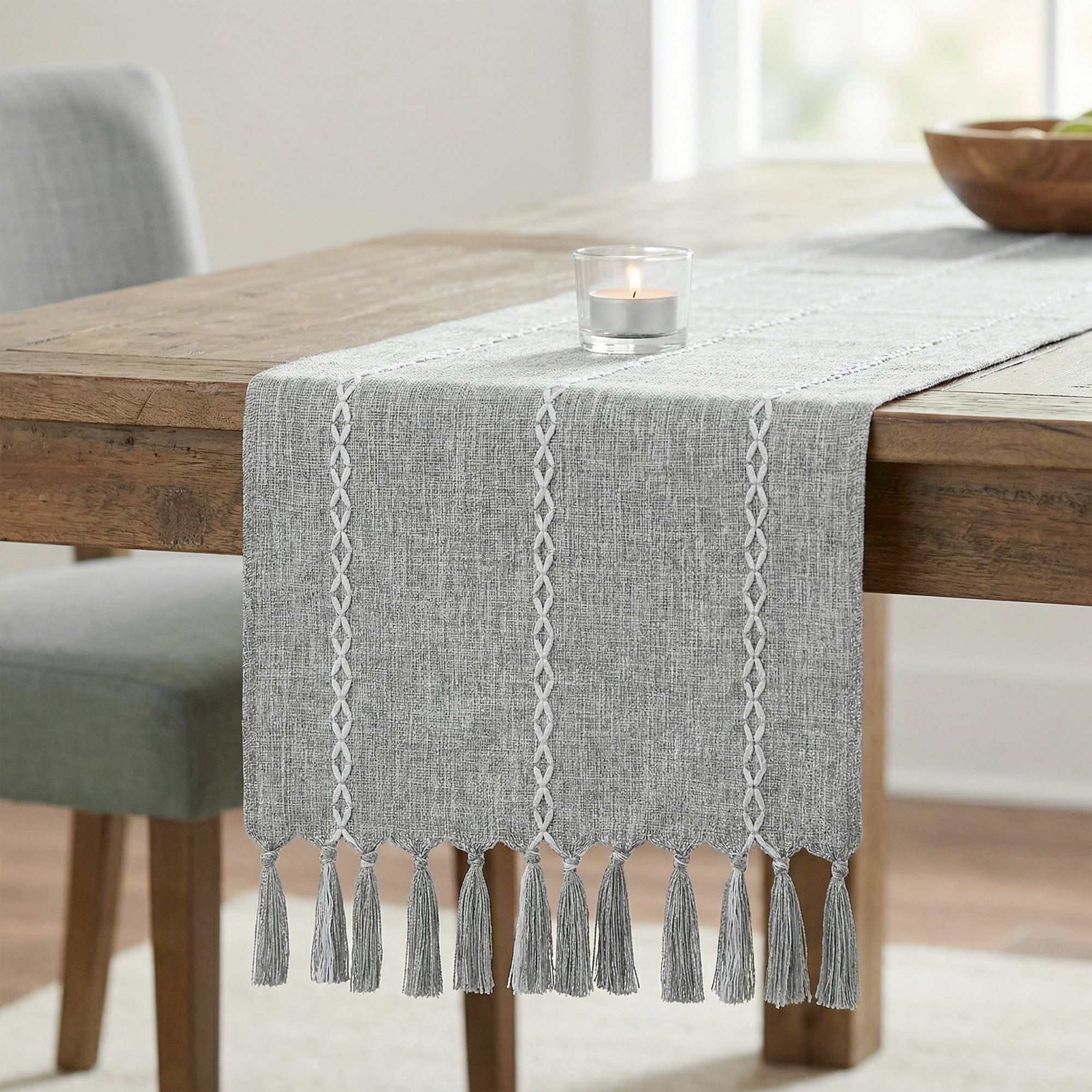 Unique Bargains Washable Polyester Kitchen Runner with Tassel for Dining Gray 13"x89.8"