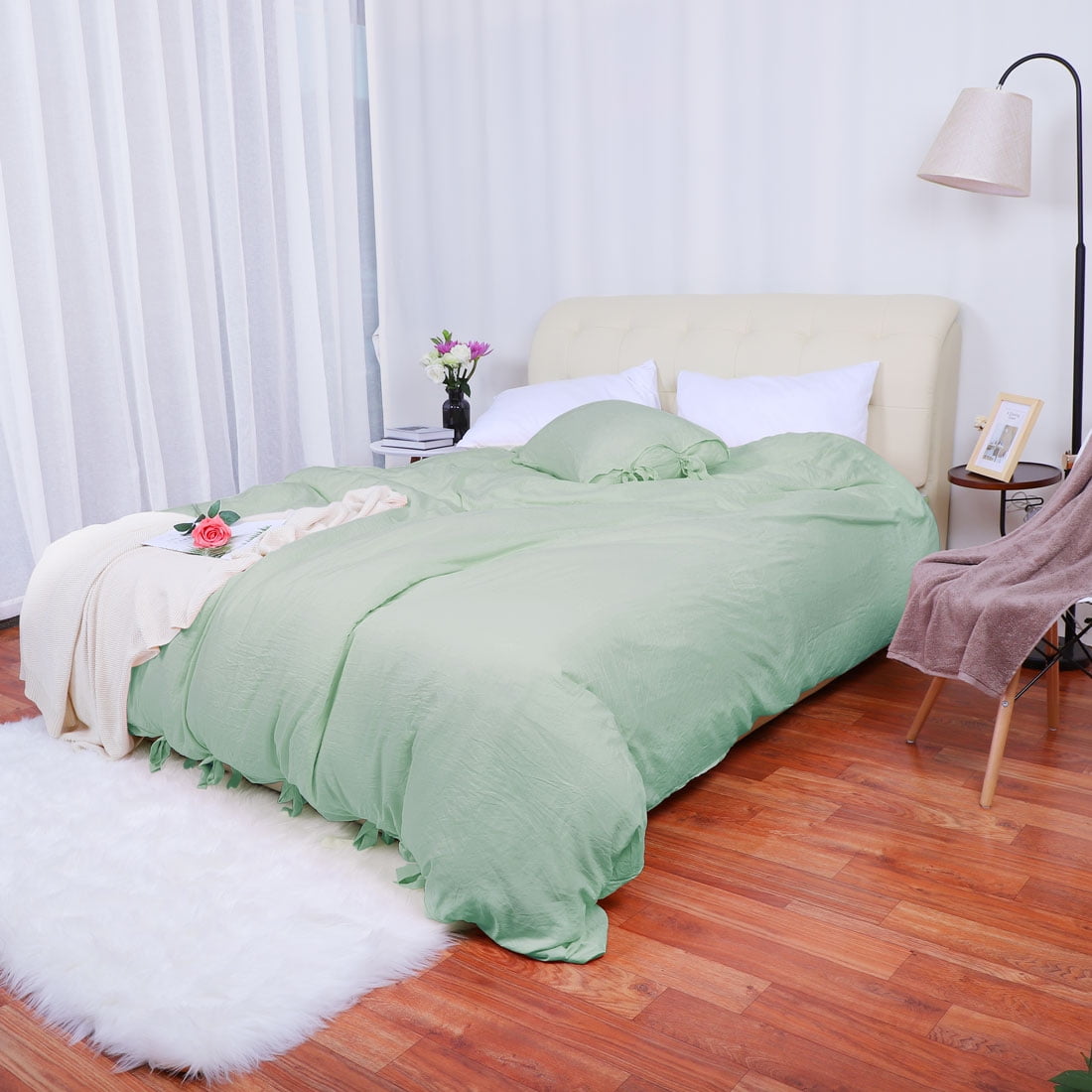 Unique Bargains Washed Cotton Bed Strap Duvet/Quilt Cover Sets Green