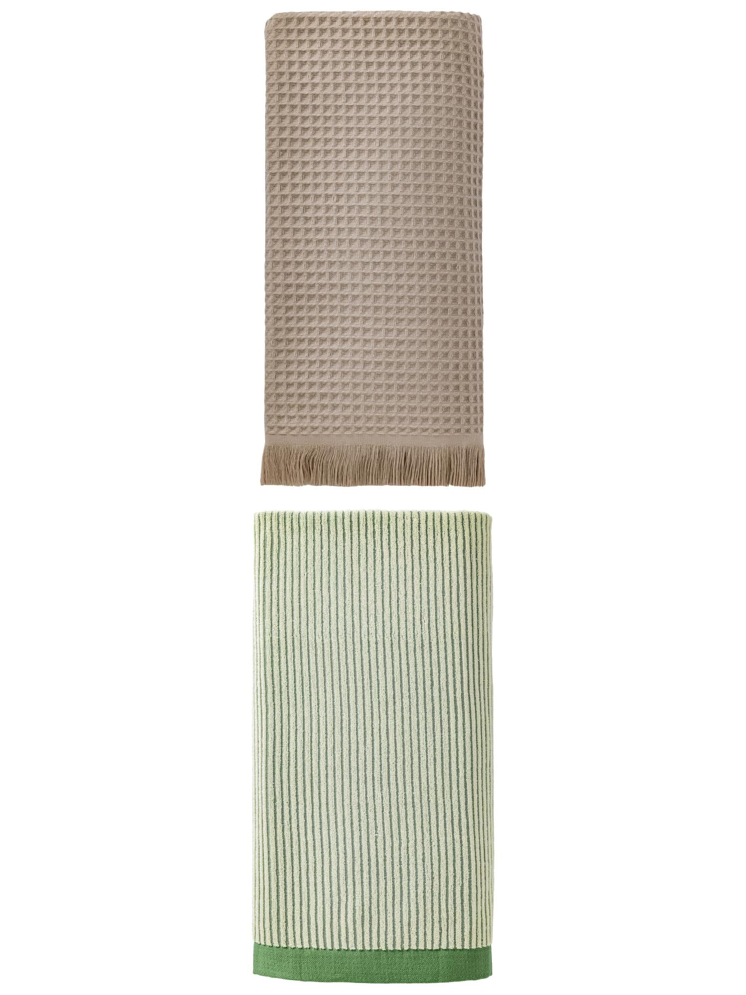 Unique Bargains Absorbent Bath Towel 2 Pack Camel/Green 71" x 35"/55" x 28"