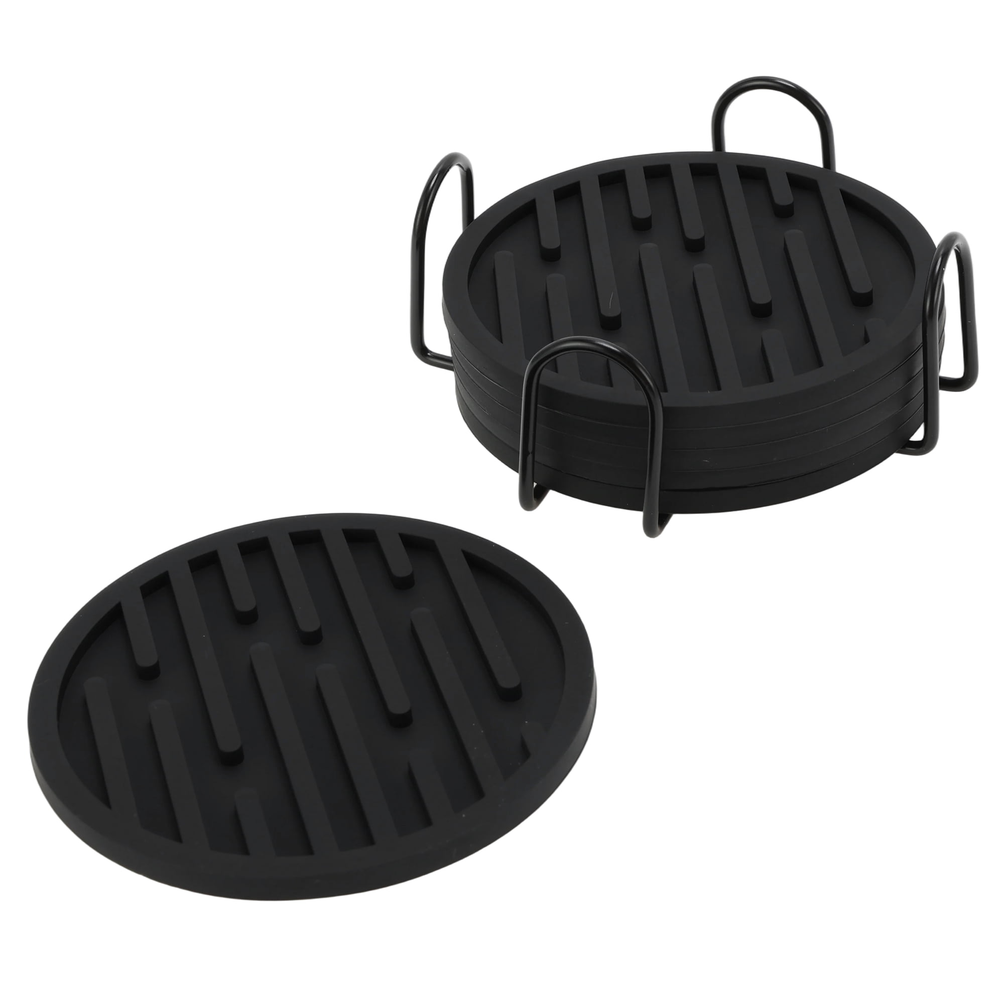 Unique Bargains Water-repellent Stripes Drink Coaster Set Black