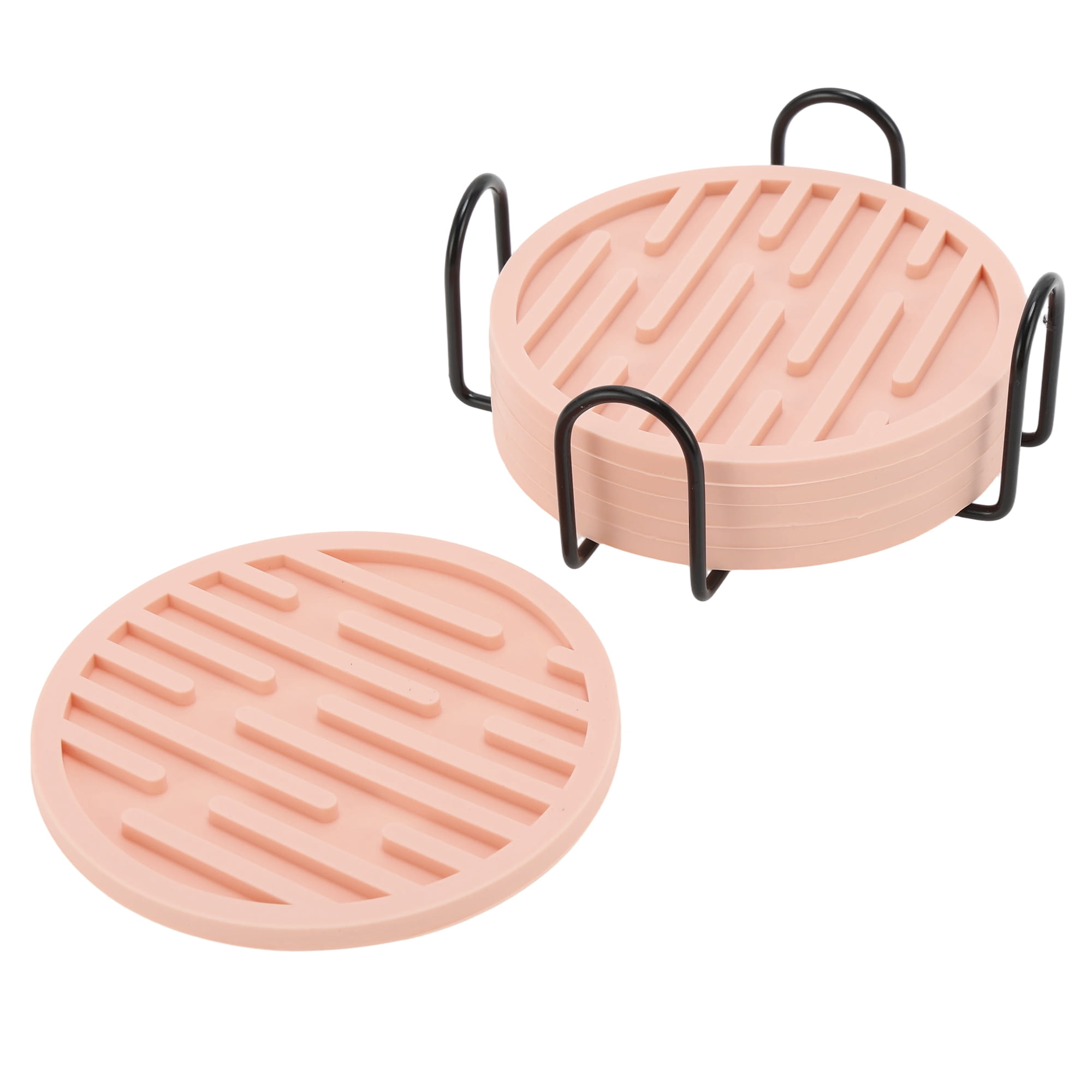 Unique Bargains Water-repellent Stripes Drink Coaster Set Pink