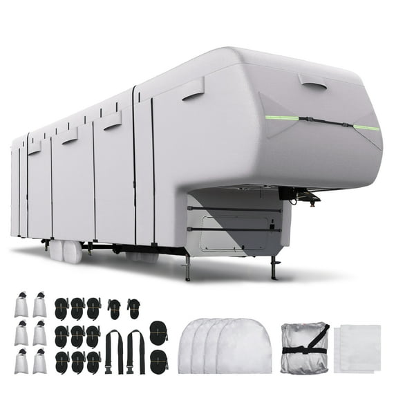 Unique Bargains Waterproof 5th Wheel RV Cover Fits 33'-37' Camper Silver Tone