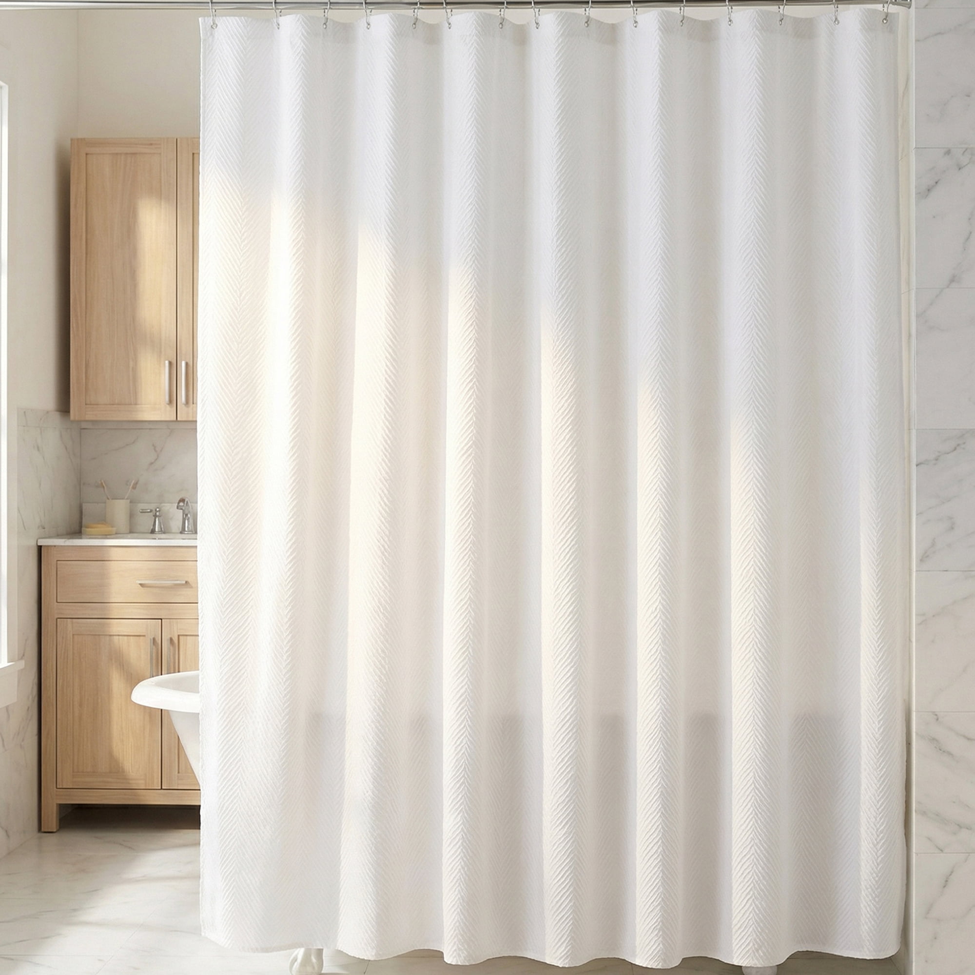 Unique Bargains Waterproof Fabric Shower Curtain Sets White - Herringbone 71"W x 71"L