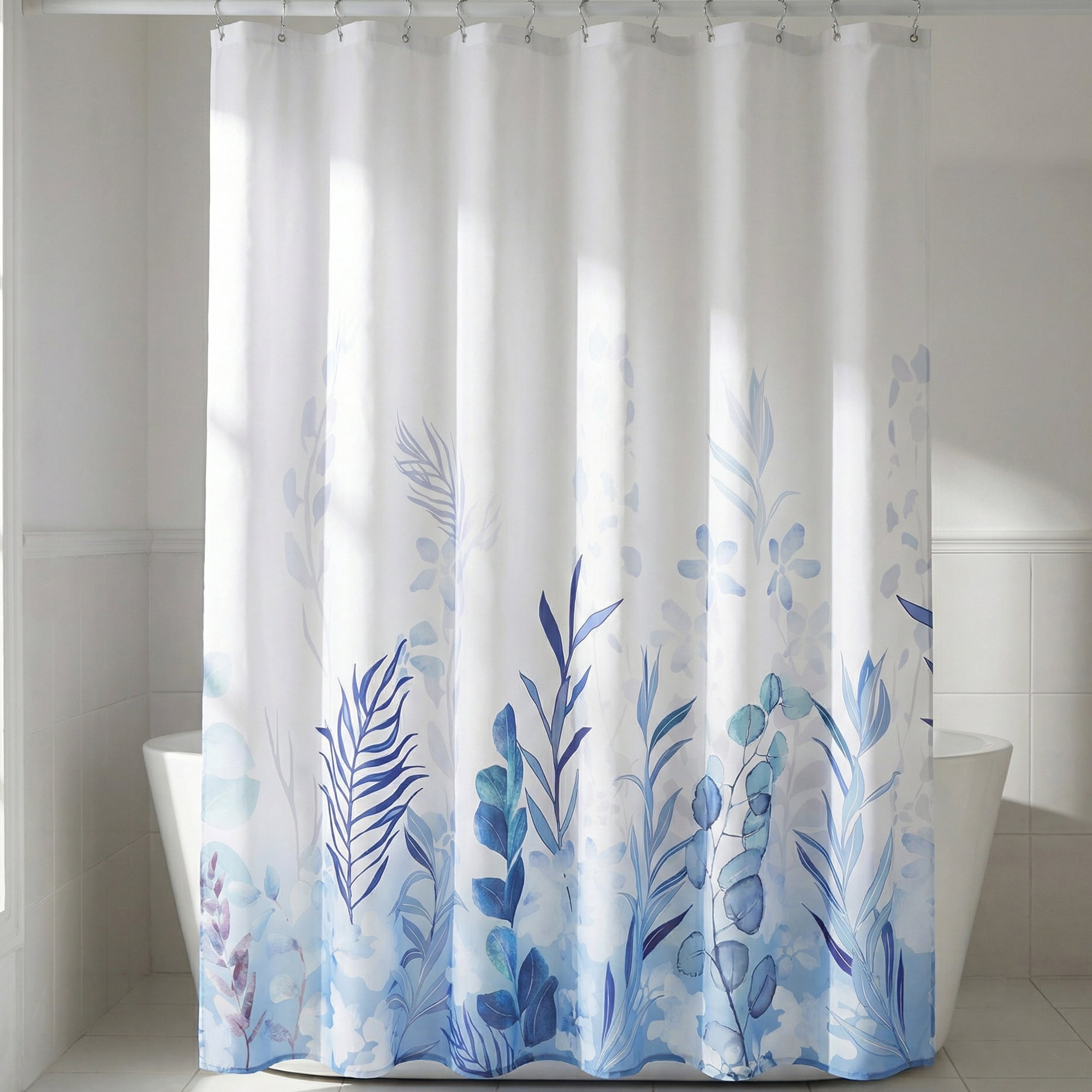 Unique Bargains Waterproof Leaf Shower Curtain Sets Hooks Blue 71"W x 71"L