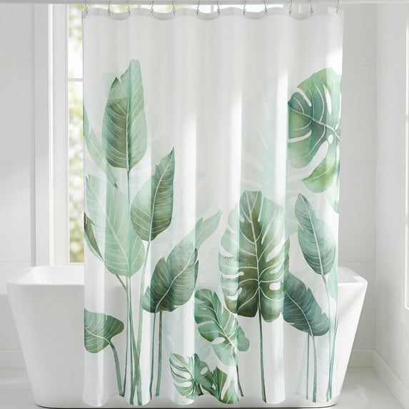 Unique Bargains Waterproof Leaf Shower Curtain Sets Hooks Green Pattern 1 71"W x 71"L