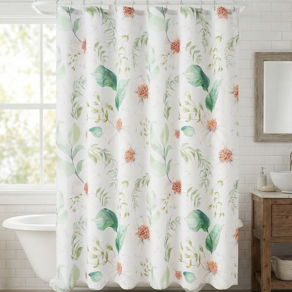Unique Bargains Waterproof Leaf Shower Curtain Sets Hooks Green Pattern 4 71"W x 71"L