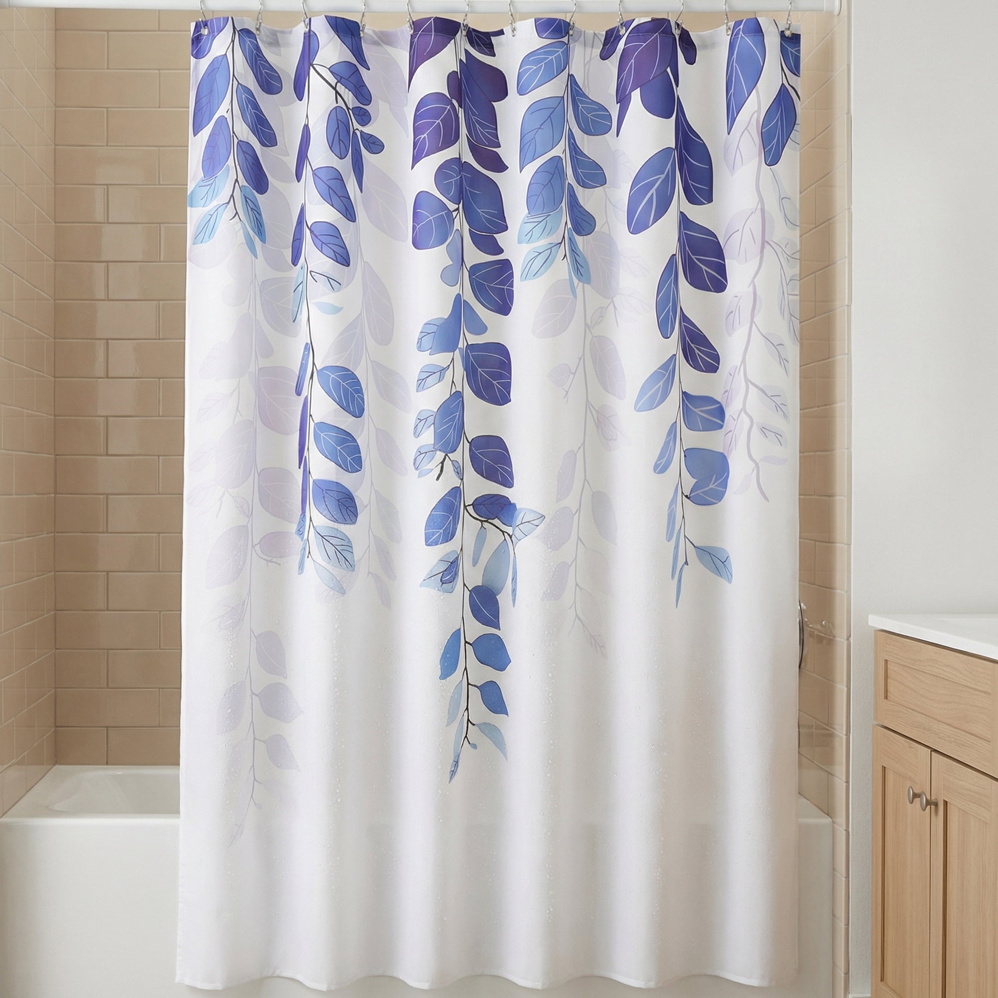 Unique Bargains Waterproof Plant-Print Shower Curtain Set with 12 Hooks Blue 71"W x 71"L