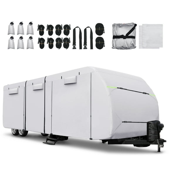 Unique Bargains Waterproof RV Trailer Cover Fits 18'-20' with Extra Windproof Ropes and Gutter Covers Silver Tone