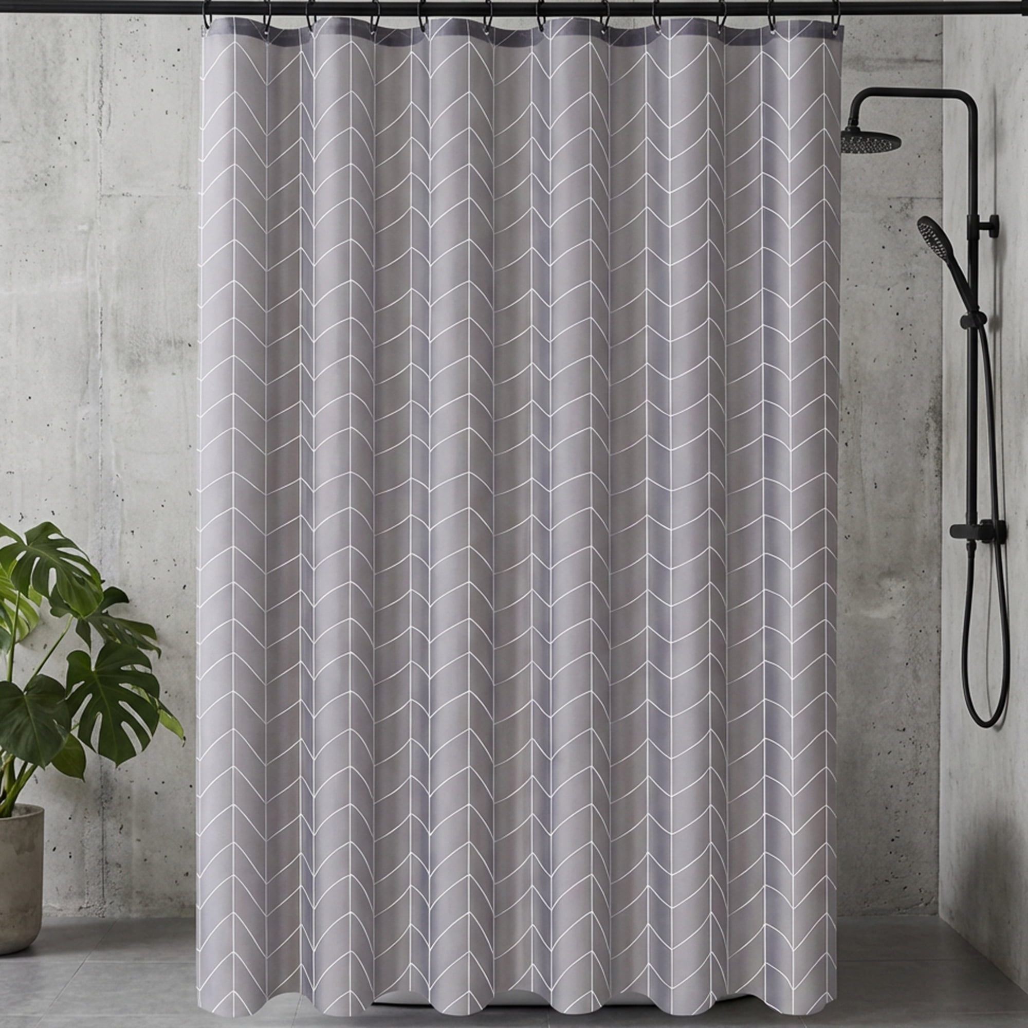 Unique Bargains Waterproof V-Stripe Shower Curtain Sets with 12 Hooks Grey 71"W x 71"L
