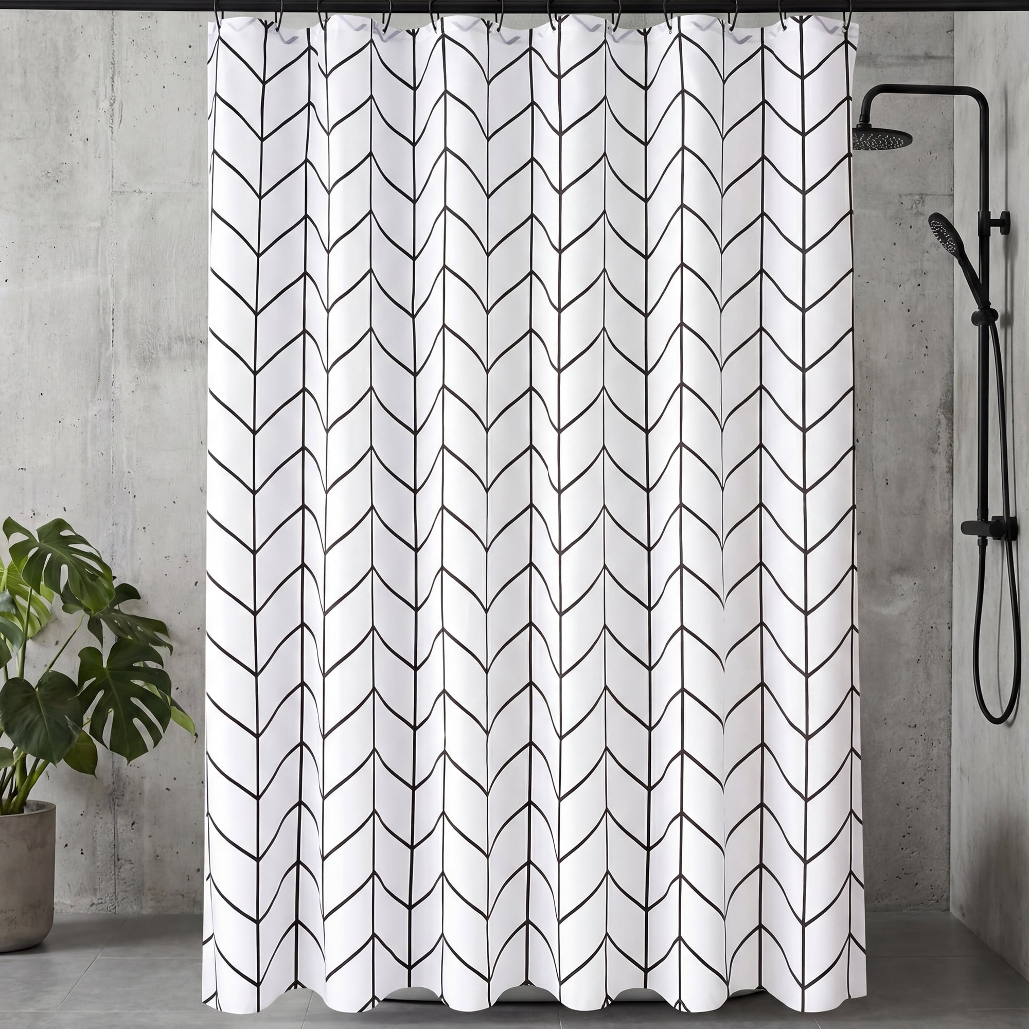 Unique Bargains Waterproof V-Stripe Shower Curtain Sets with 12 Hooks White 71"W x 71"L