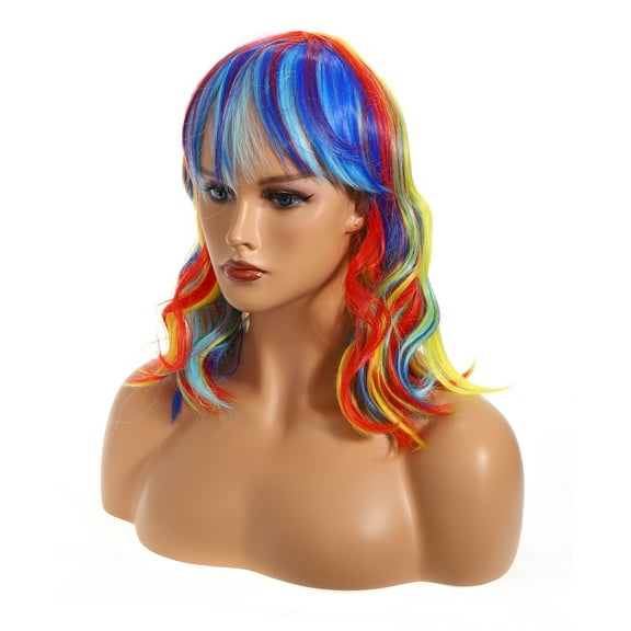 Unique Bargains Wigs for Women 16" Red Highlight Curly Wig with Wig Cap