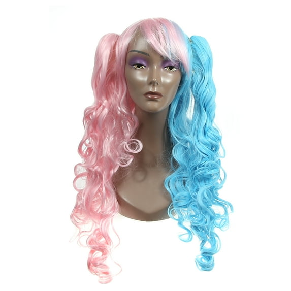 Unique Bargains Wigs for Women 24" Ponytail Pink Blue Curly Wig with Wig Cap