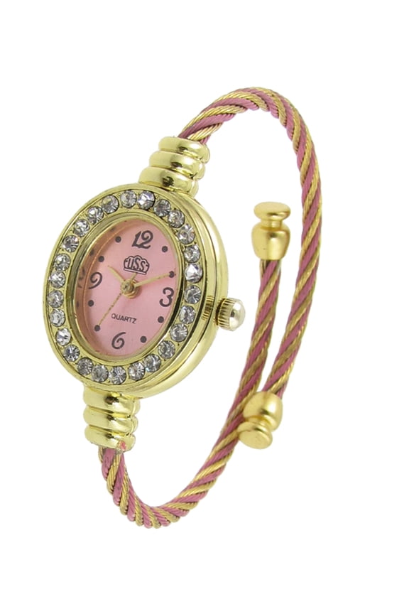 Woman Rhinestone Pink Oval Dial Bracelet Wrist Watch
