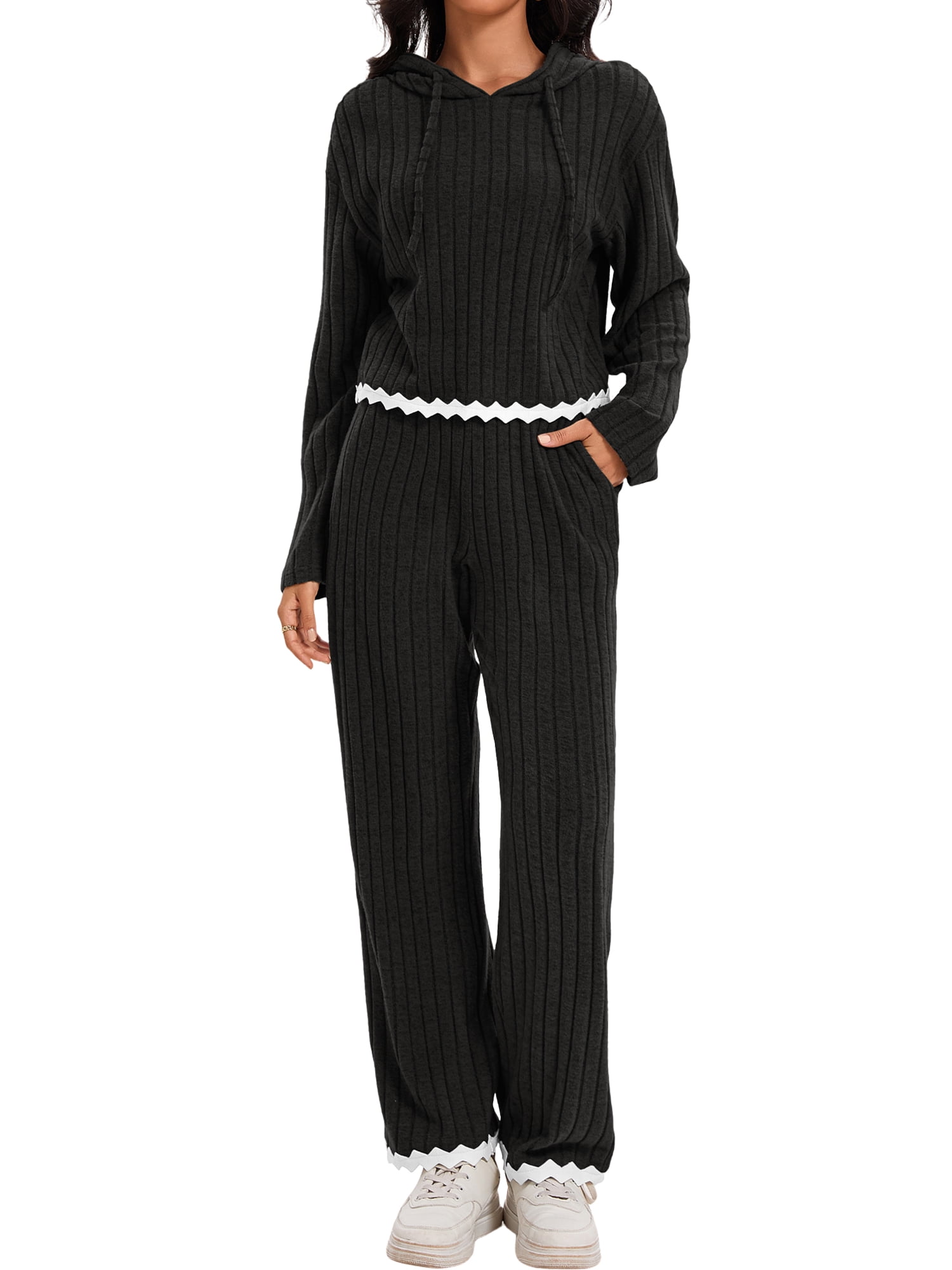 DARING DIVA Women's Lounge Set with Wide Leg Pant and Hoodie Top S Black