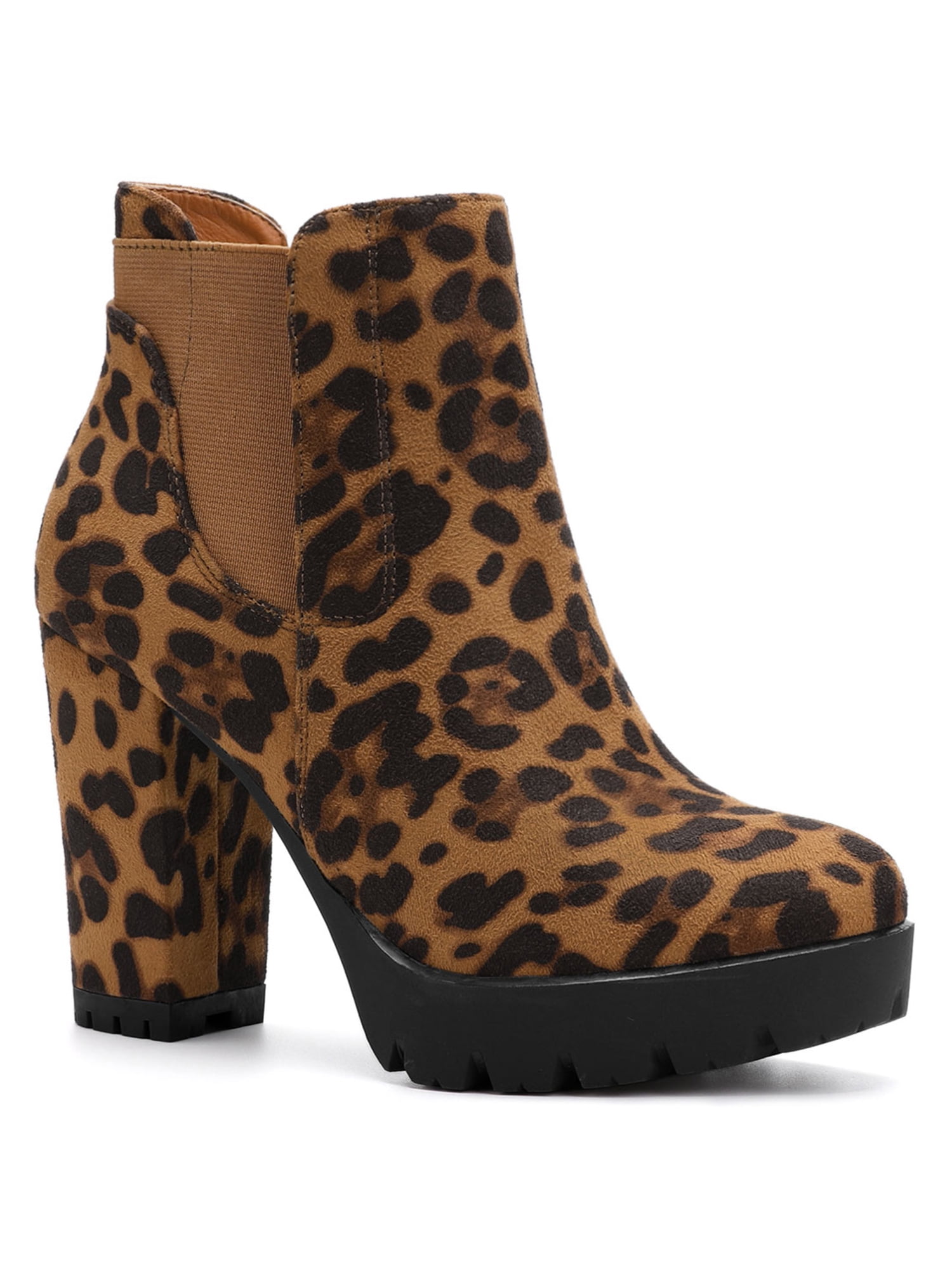 DARING DIVA Chunky High Heel Platform Zipper Chelsea Boots Leopard 7.5