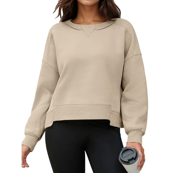 Unique Bargains Women Crew Neck Fleece Pullover Oversized Cropped Sweatshirt M Khaki