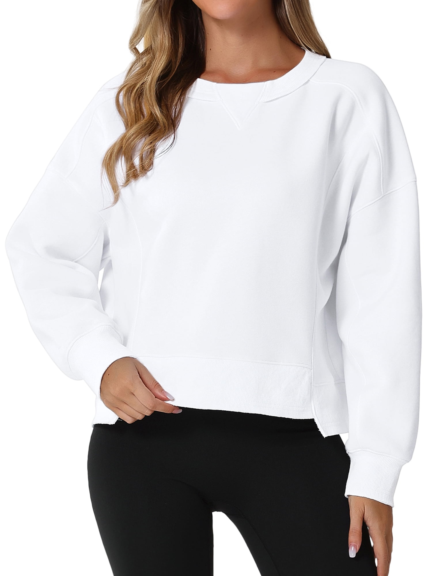 Unique Bargains Women Crew Neck Fleece Pullover Oversized Cropped Sweatshirt S White