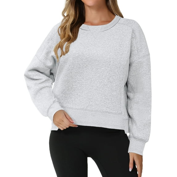 Unique Bargains Women Crew Neck Fleece Pullover Oversized Cropped Sweatshirt XL Light Gray