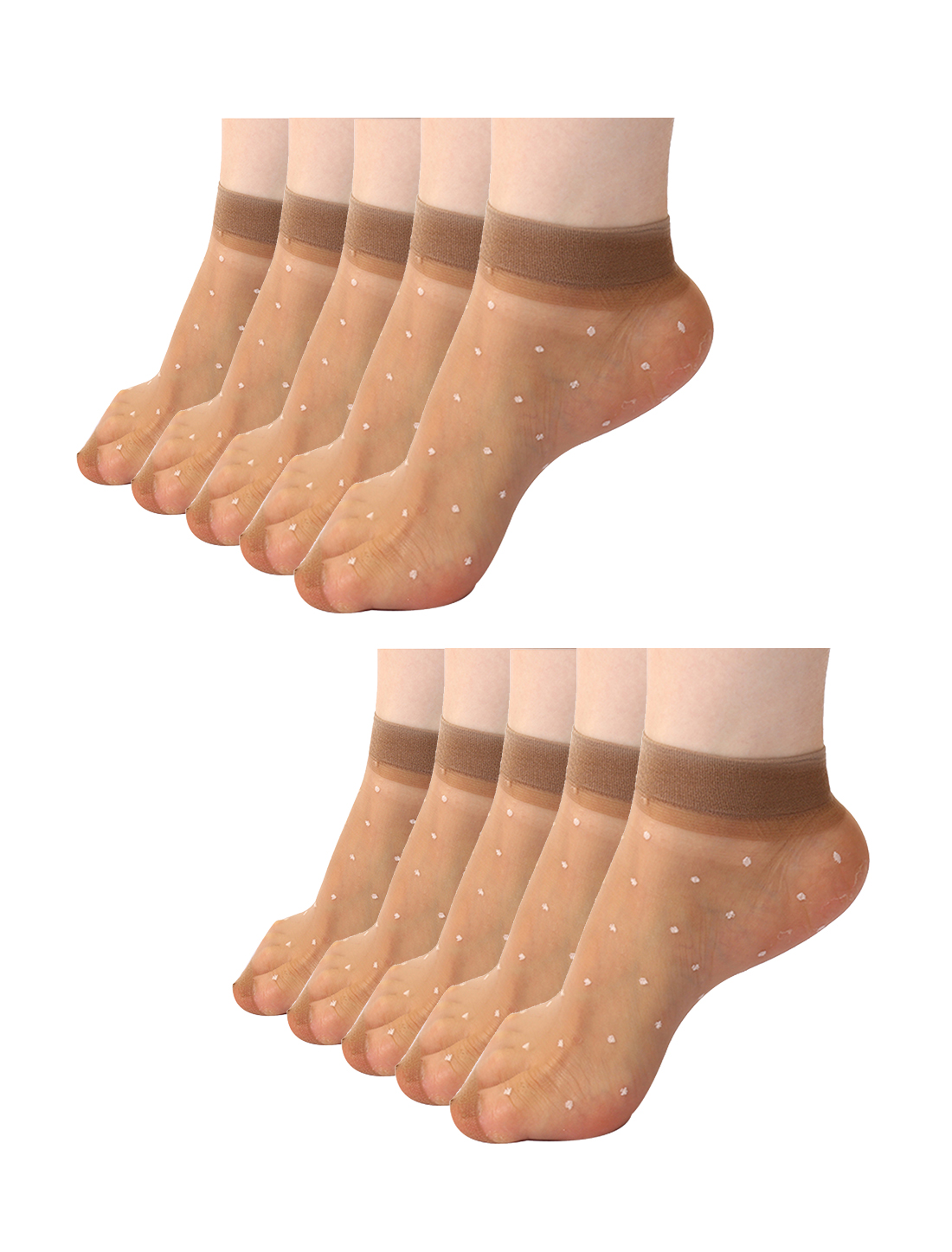 Unique Bargains Women Dots Pattern Ankle Length Stretchy Sheer Socks 10 Pairs Brown