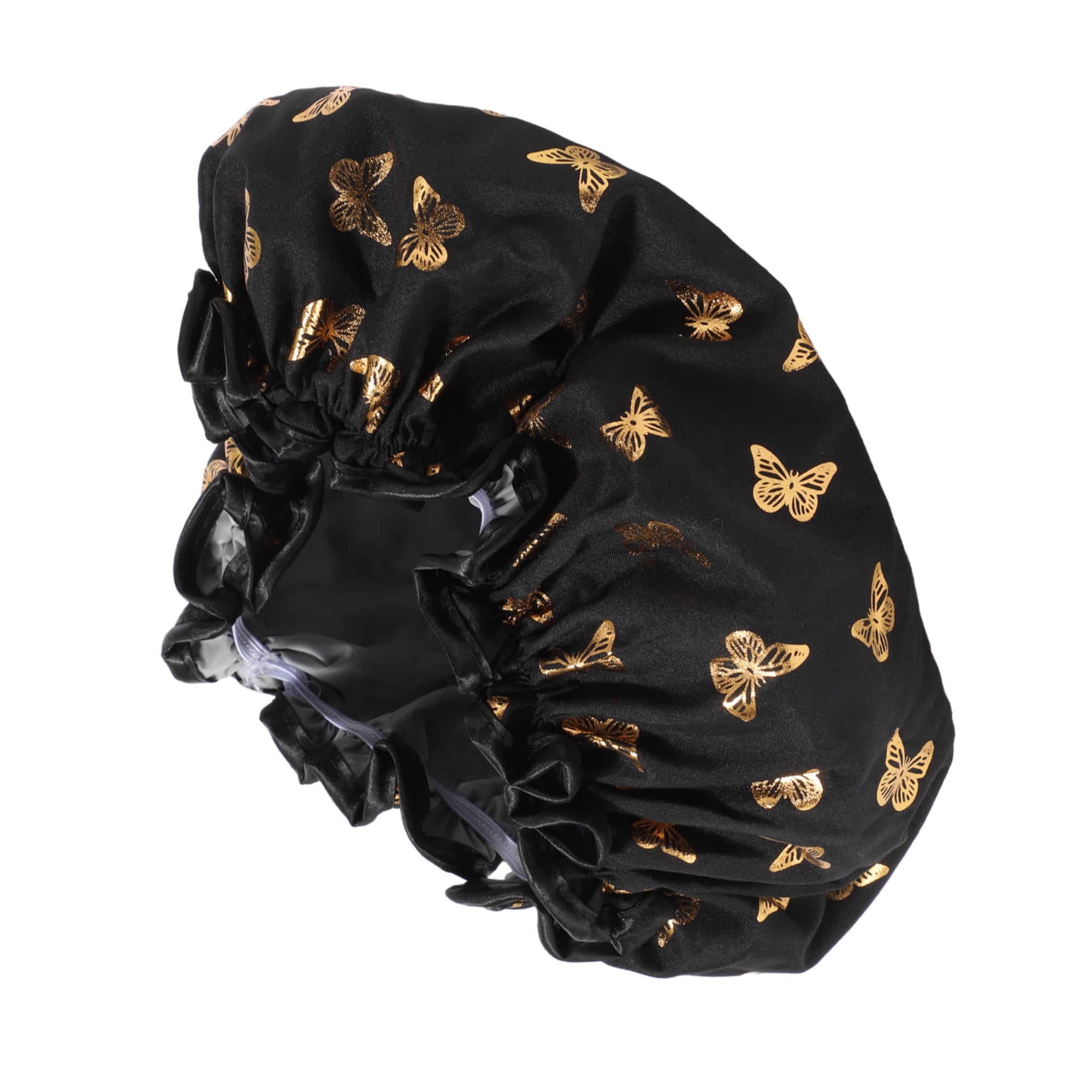 Unique Bargains Women Double Layer Gilded Butterfly Shower Cap 1 Pc Black