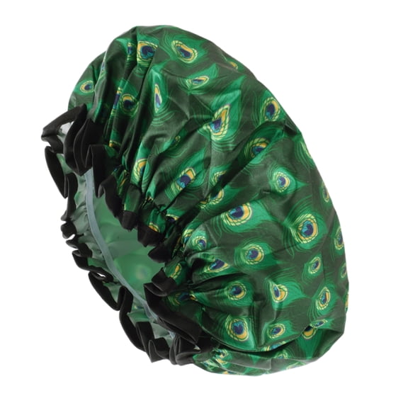 Unique Bargains Women Double Layer Peacock Pattern Shower Cap Green 1 Pc