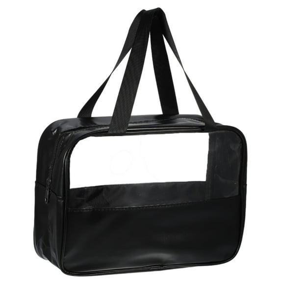 Unique Bargains Women Durable Transparent Patchwork Medium Makeup Bag for Vacation Camping PU Leather Black-M