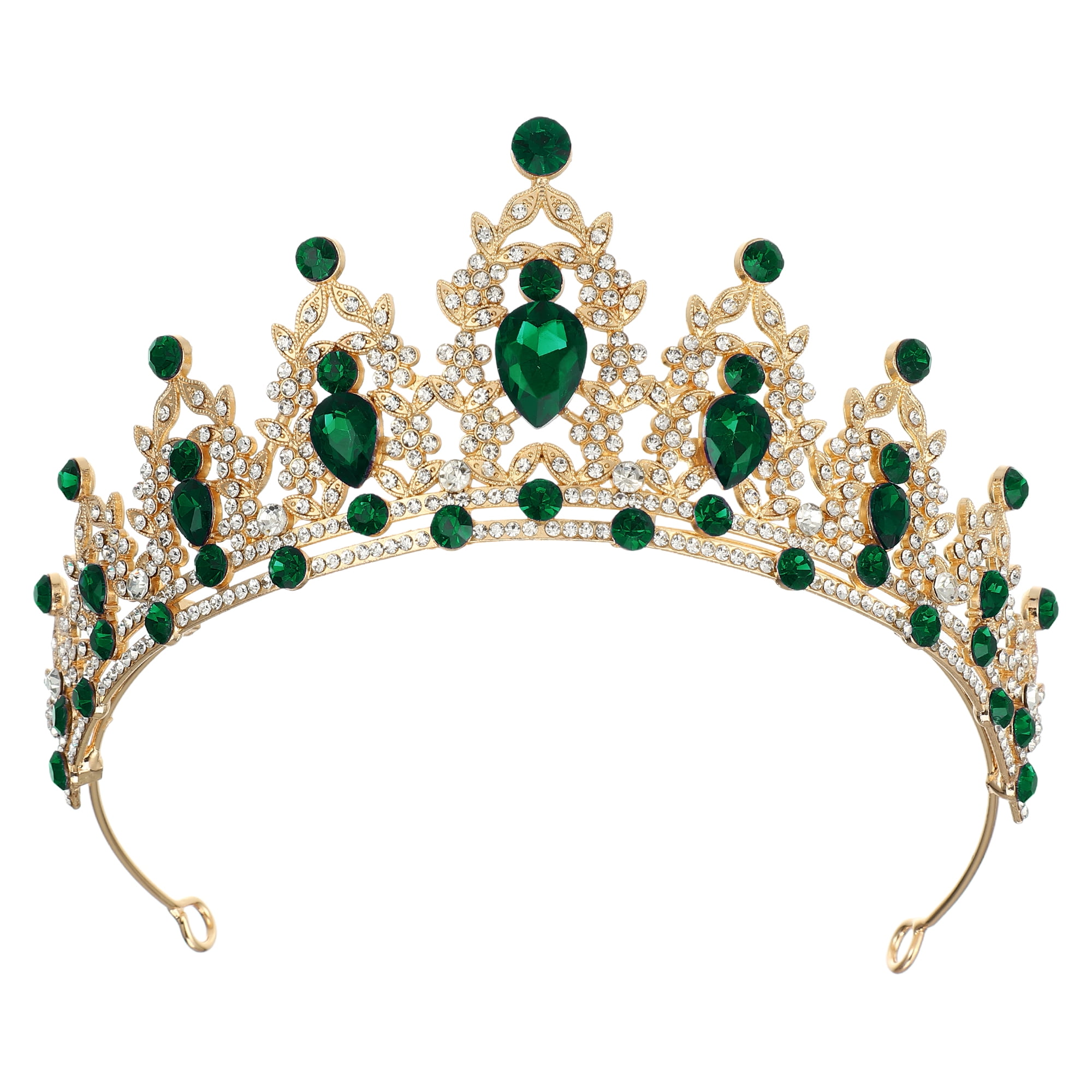 Unique Bargains Women Faux Crystal Queen Crown Tiara Rhinestone Gold Tone Green