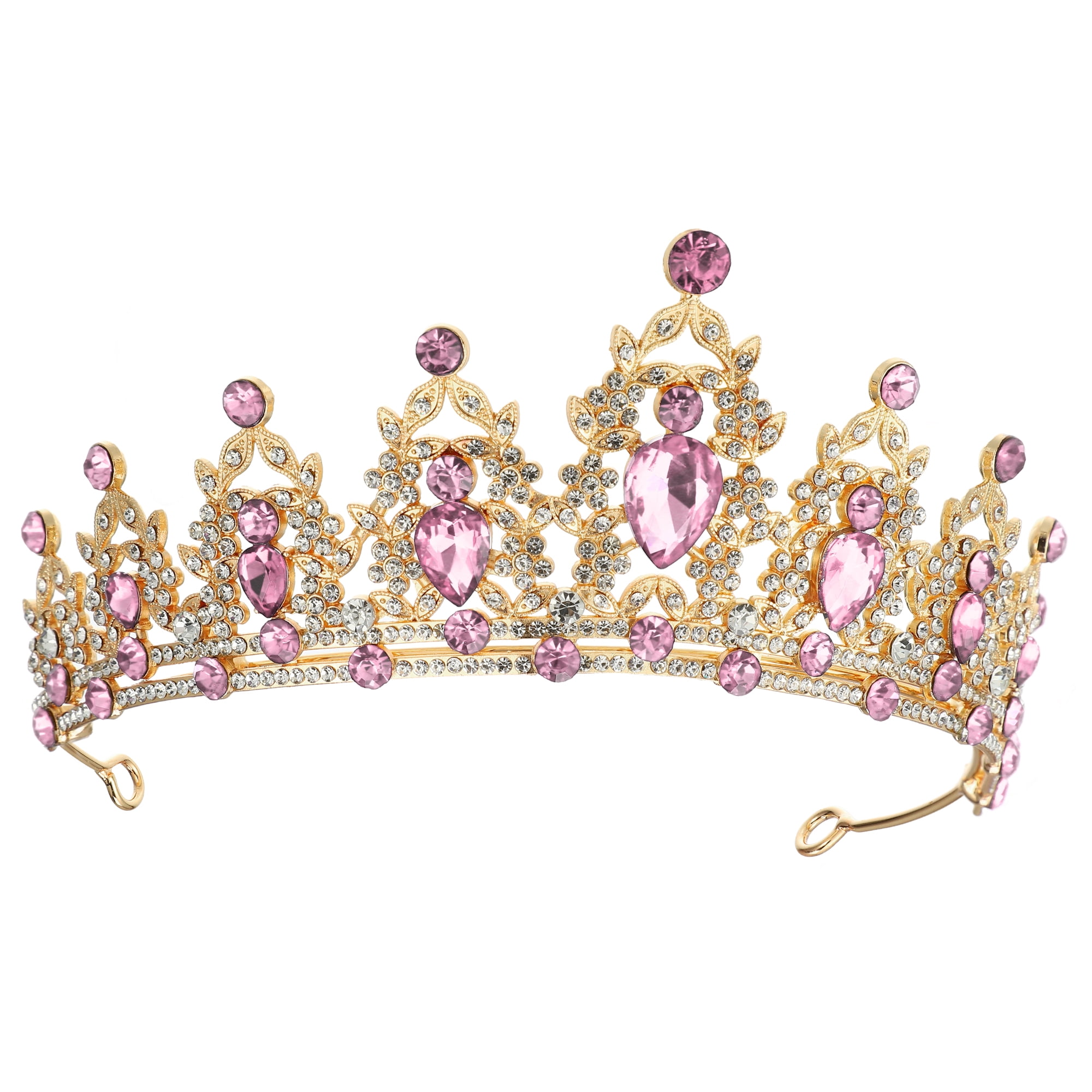 Unique Bargains Women Faux Crystal Queen Crowns Tiara Princess Rhinestone Tiaras Wedding Birthday Hair Accessories ["Crowns,Gold Tone Light Pink"]