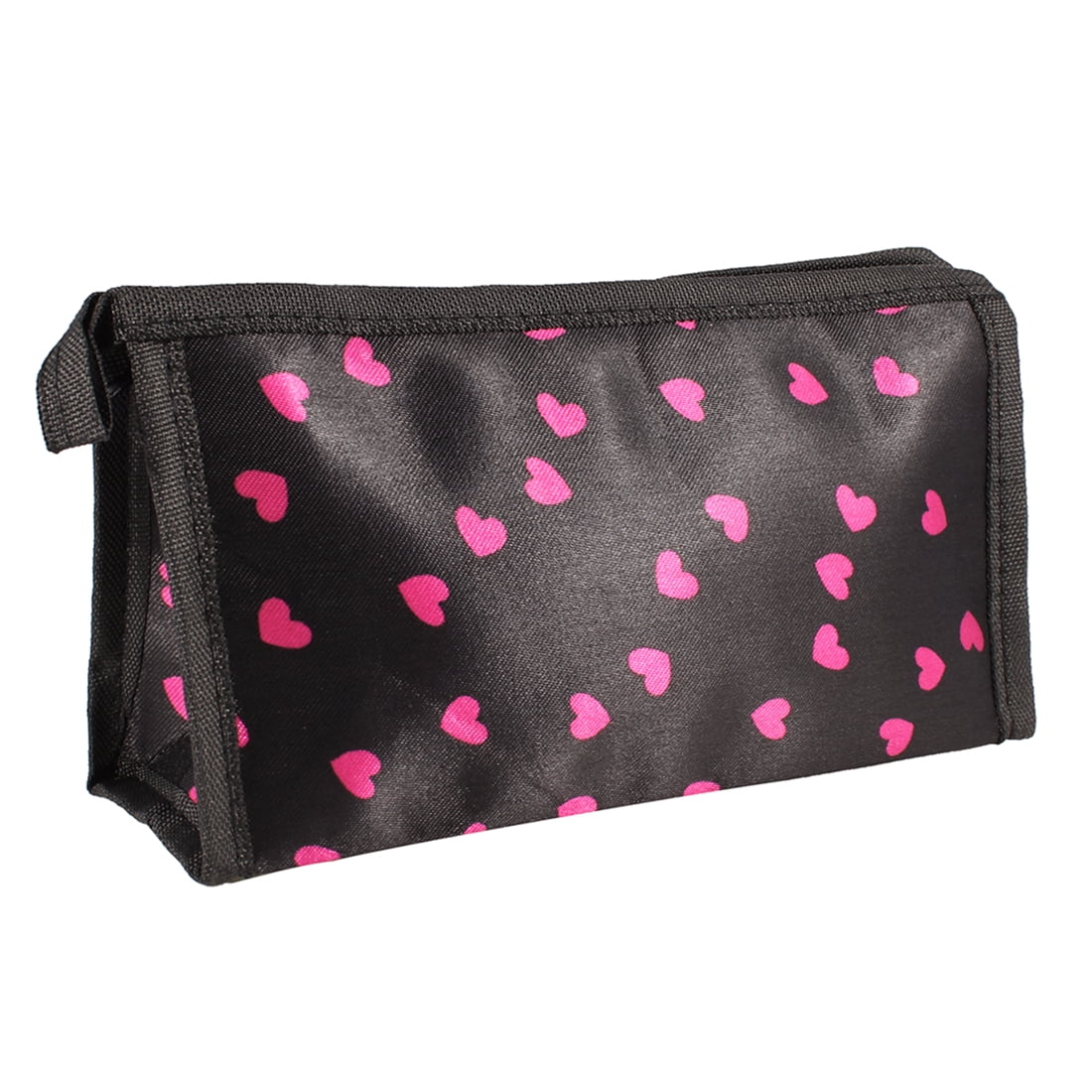 Unique Bargains Women Fuchsia Black Hearted Print Zip Closure Cosmetic