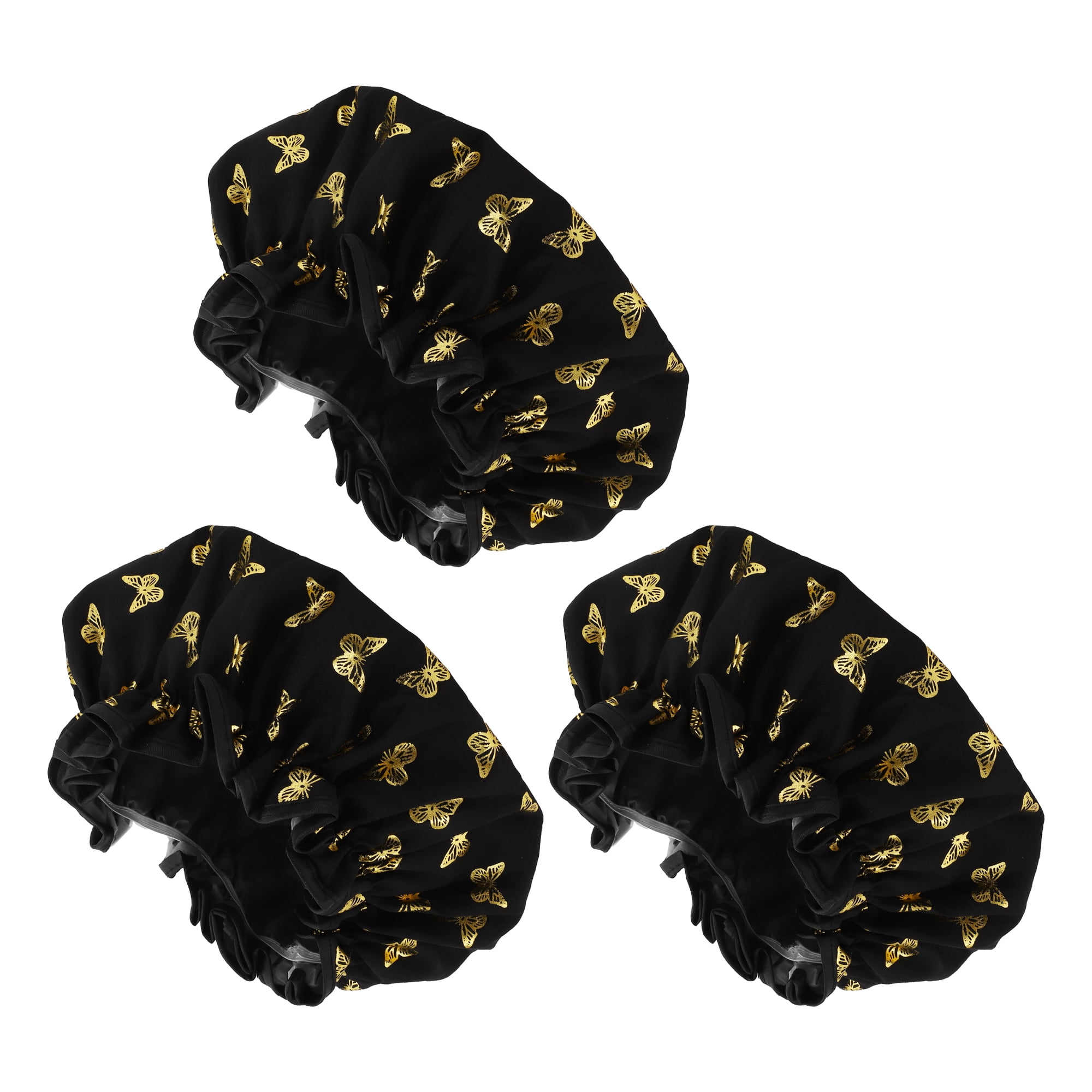 Unique Bargains Women Gold Butterfly Shower Cap 3 Pcs Black Butterfly