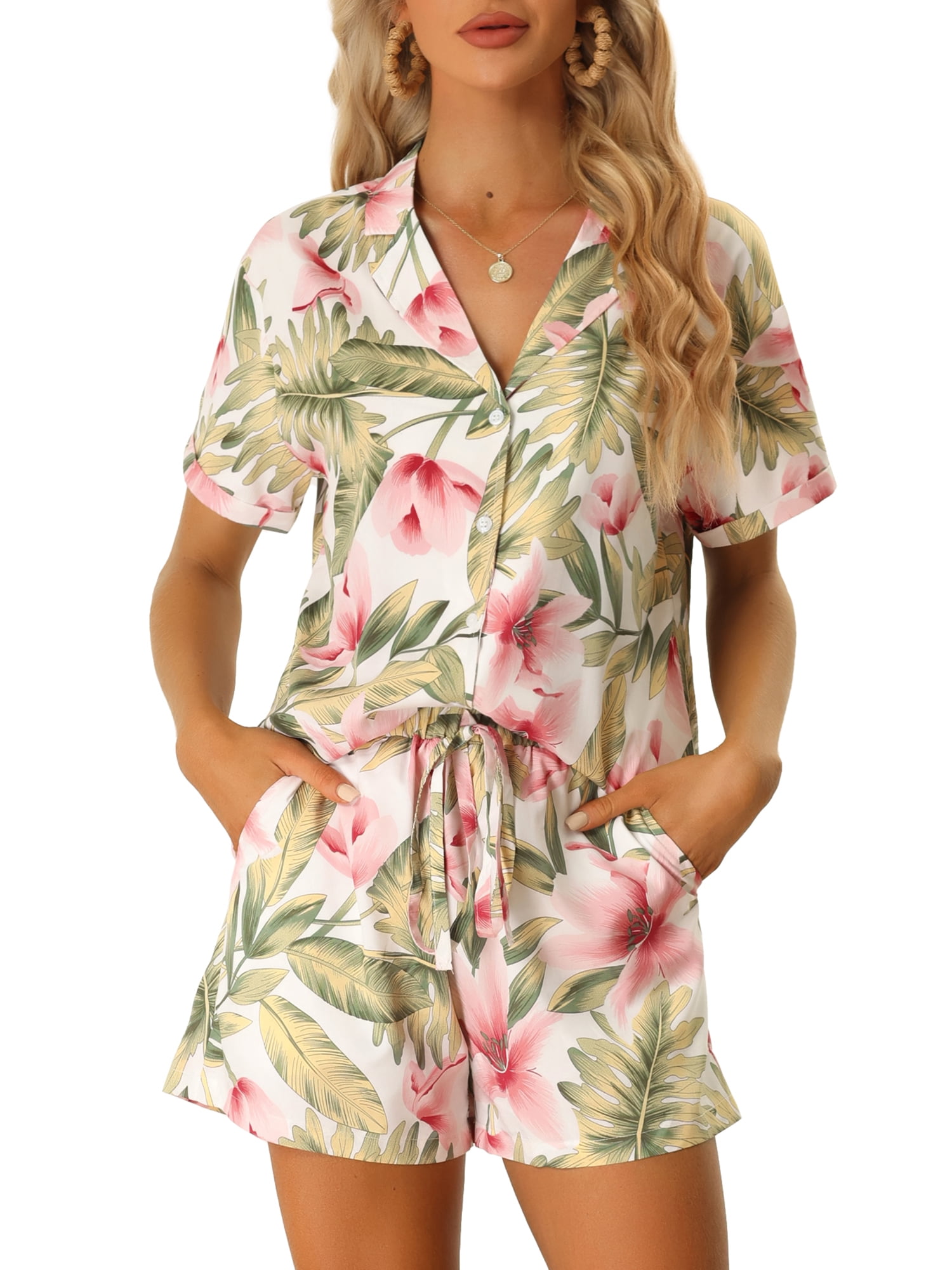 Unique Bargains Women Hawaiian Tropical 2023 Summer Button Down Sets M White