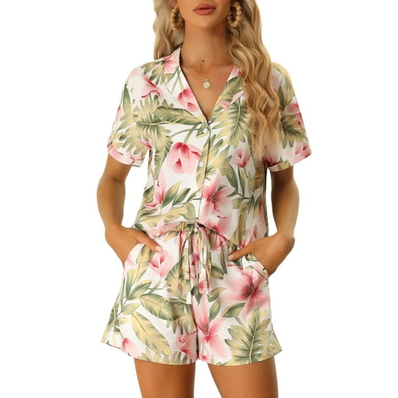 Unique Bargains Women Hawaiian Tropical 2023 Summer Button Down Sets S White